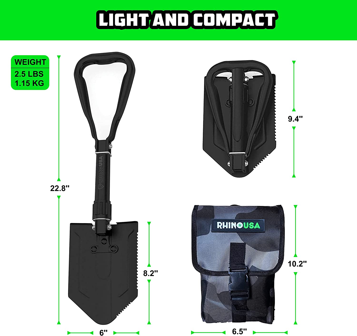 RHINO USA 折叠求生铲带镐 - 重型碳钢军用风格挖沟工具，适用于越野、露营、园艺、海滩、挖掘泥土、沙子、泥土和雪地。
