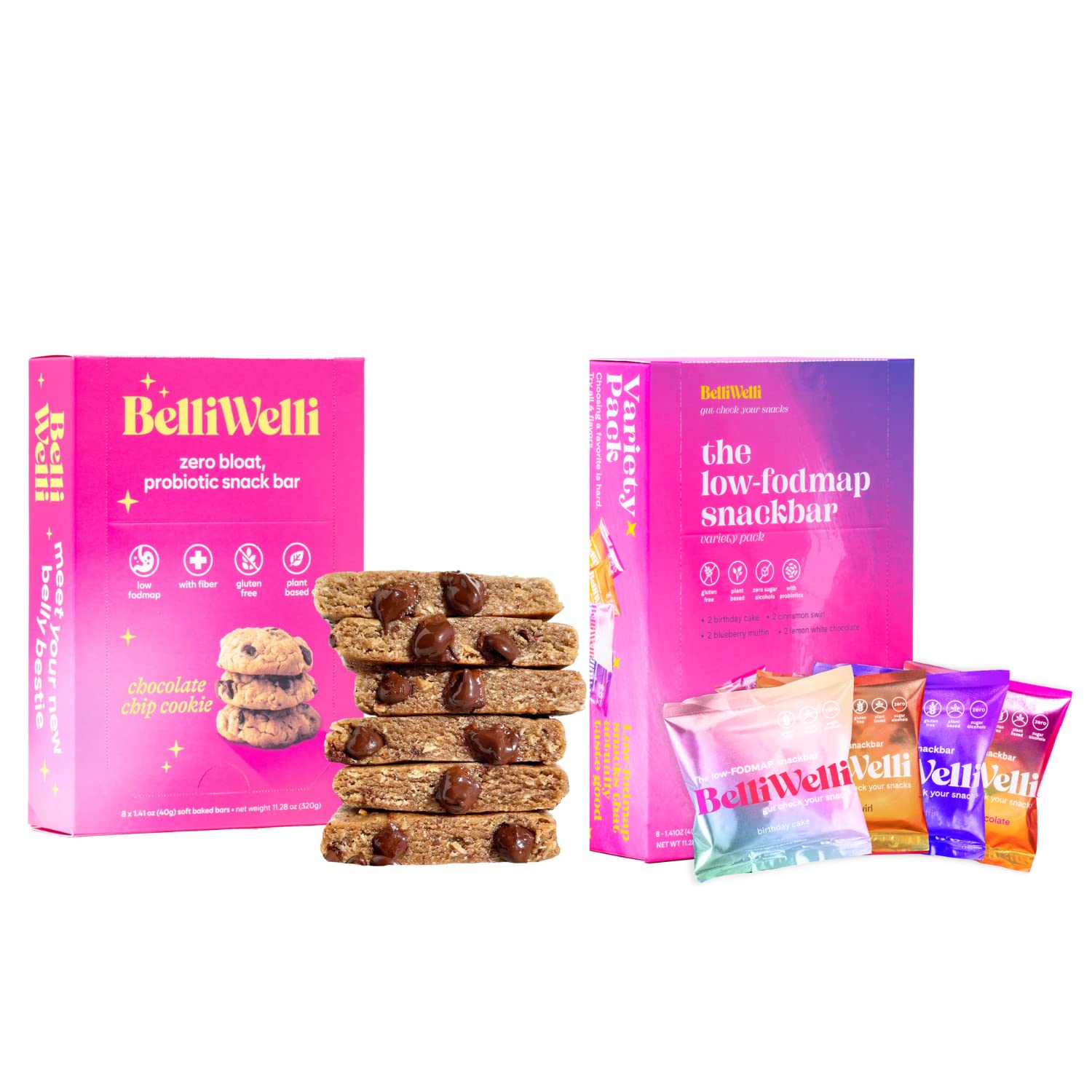 BelliWelli 素食主义者，无麸质小吃店巧克力片和Variety Bundle - 低 FODMAP 认证，不含乳制品，100% 肠道友好型含有益生菌 |早餐享用无罪甜点！