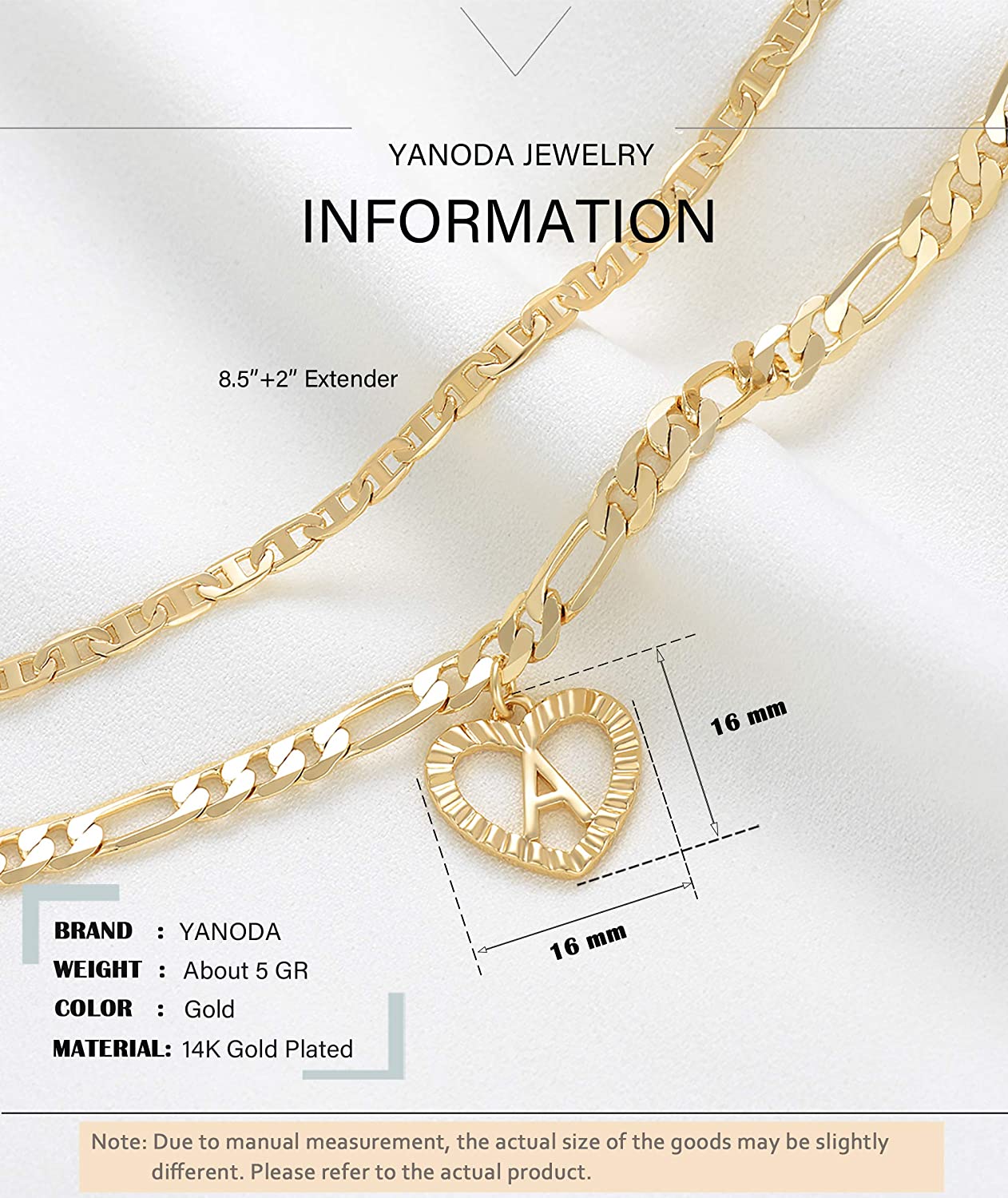 YANODA 女式首字母脚链 14K 镀金分层费加罗链字母首字母脚链 手工分层心形脚踝手链 女士个性化礼物 少女