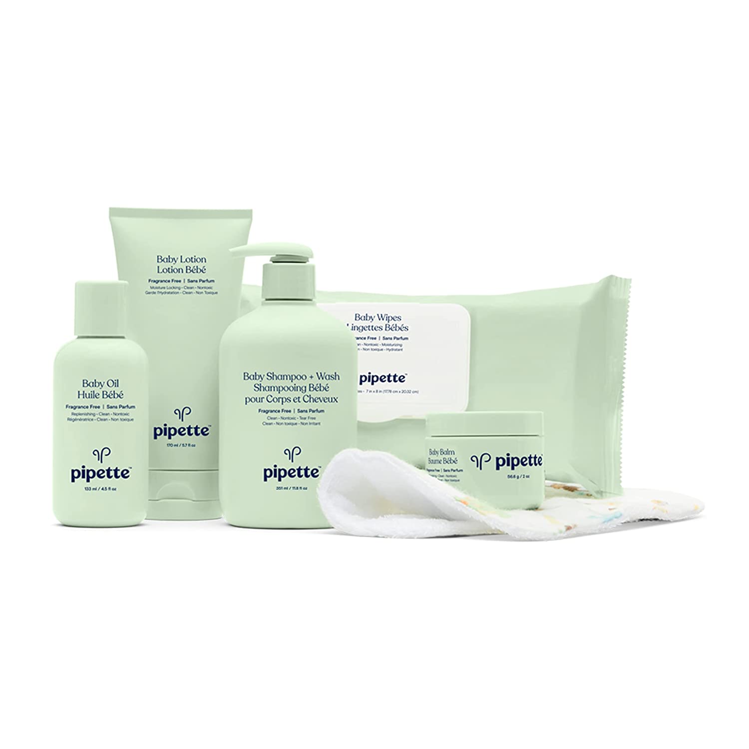 Pipette Baby Essentials Kit - 中性婴儿礼品套装，低过敏性，石油和化学成分无香精，天然保湿植物提取角鲨烷，6 件套