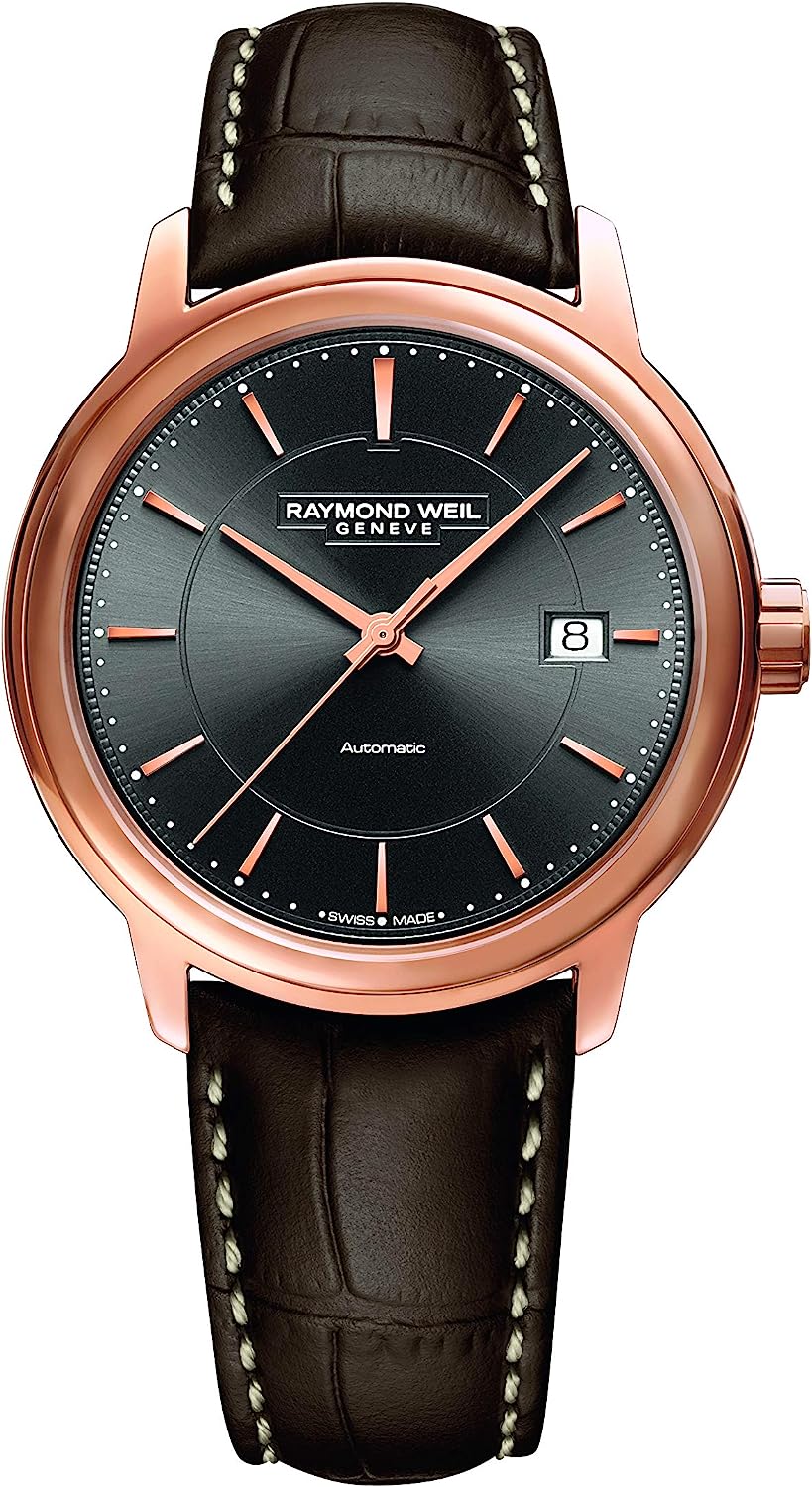 RAYMOND WEIL Maestro 男士自动日期腕表，灰色表盘，玫瑰金索引，不锈钢镀玫瑰金 PVD，棕色皮表带，39.5 毫米（型号：2237-PC5-60011）