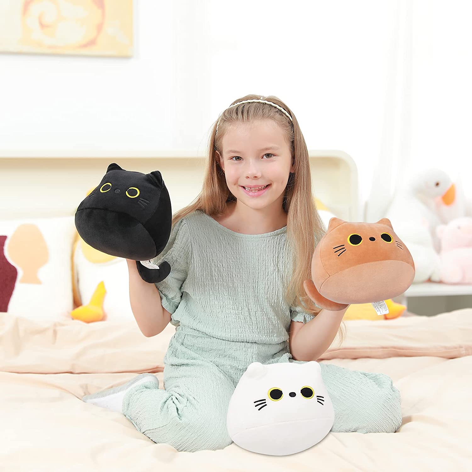 可爱的黑白和棕色组合猫毛绒玩具 - 柔软有弹性的儿童猫填充动物玩具，舒适的毛绒猫枕头玩偶，用于缓解压力、睡觉和装饰 3 件套