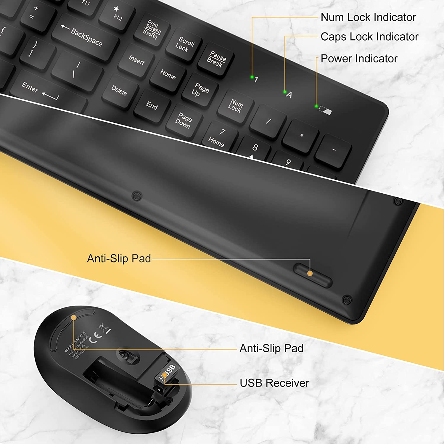 无线键盘和鼠标，Trueque Silent 2.4GHz 无绳全尺寸 USB 键盘鼠标组合，电池寿命长，无线无延迟，适用于计算机、笔记本电脑、PC、Windows、Mac、Chrome 操作系统（黑色）