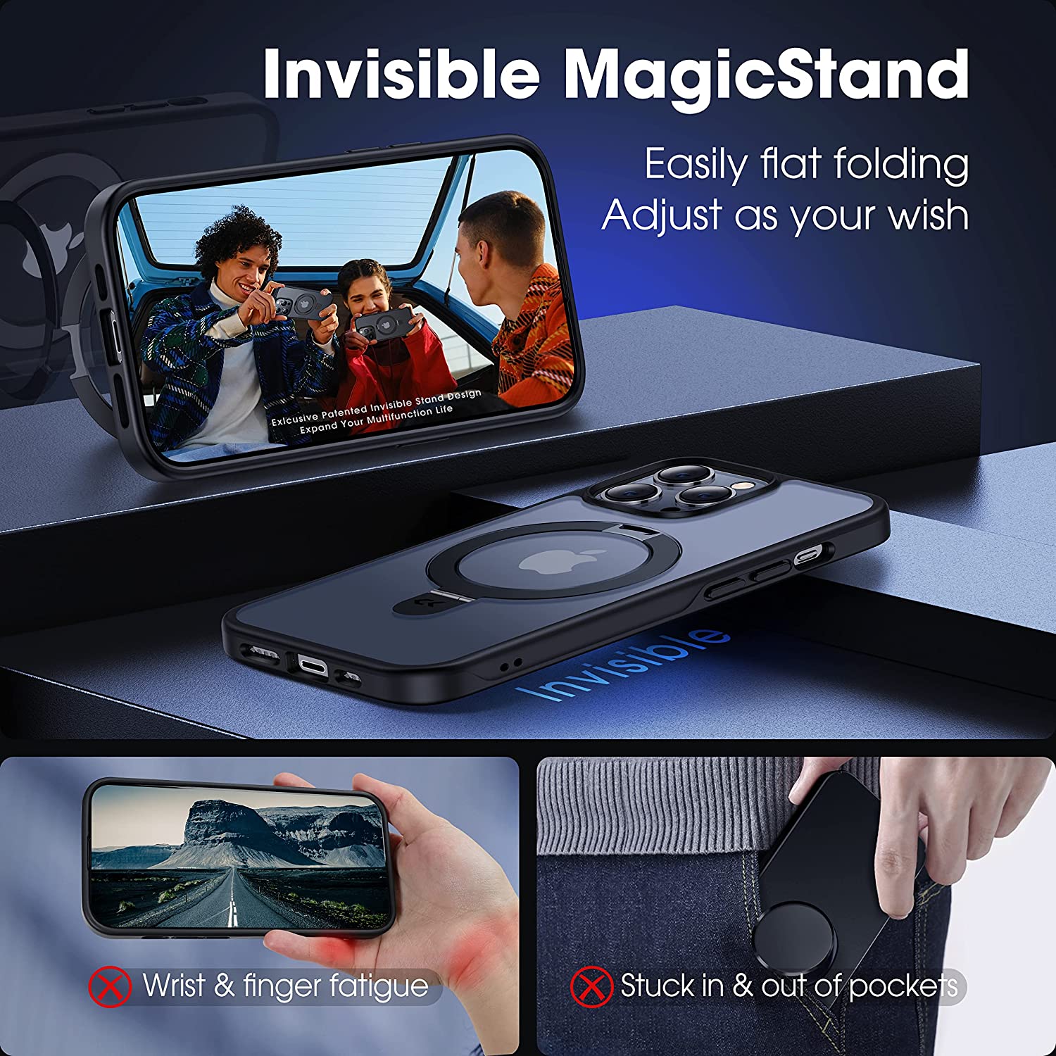 CASEKOO 适用于 iPhone 14 Pro Max 手机壳带磁性隐形支架 [军用防摔保护] [兼容 MagSafe] 男女防震超薄半透明哑光手机壳 6.7 英寸 2022，黑色