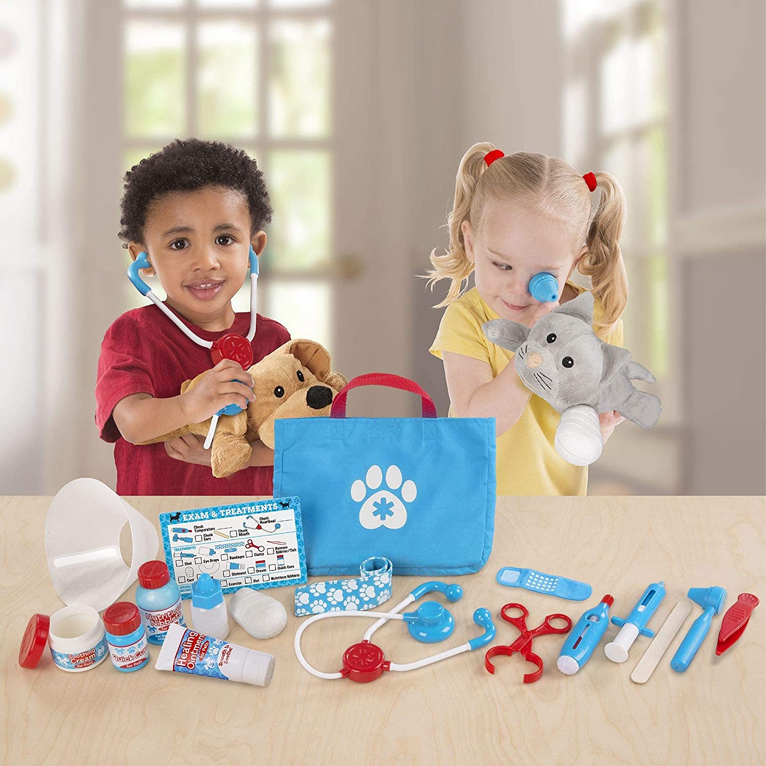Melissa & Doug 检查和治疗宠物兽医玩具套装（24 件）- 儿童兽医玩具套装，儿童兽医套装，STEAM 玩具，角色扮演医生套装，适合 3 岁以上儿童