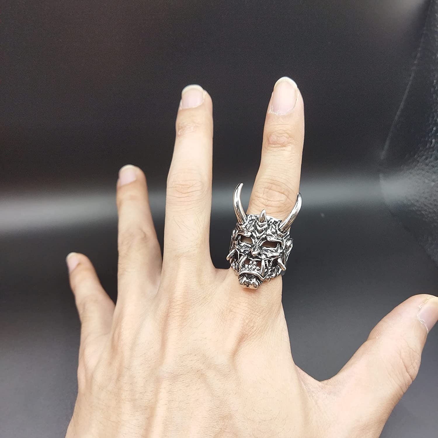 可调节开口 Oni Samurai Rakshasa Mask Prajna Ring Men's Jewelry Skull Devil Satan Dark Gothic style