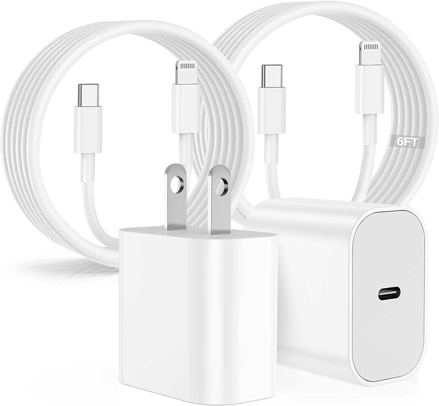 iPhone 14 13 12 快速充电器，[2 件装] Apple 14 13 充电器座，带 (2×6FT) USB C 至闪电数据线快速充电，适用于 Apple iPhone 14/13/12/11 Pro Max/XS/SE 的 USB C 型壁式充电器/iPad/AirPods