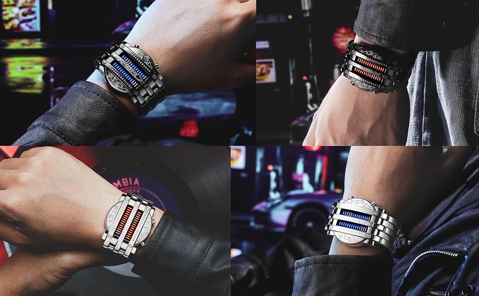 二进制矩阵蓝色 LED 数字手表男士经典创意时尚黑色镀金腕表
