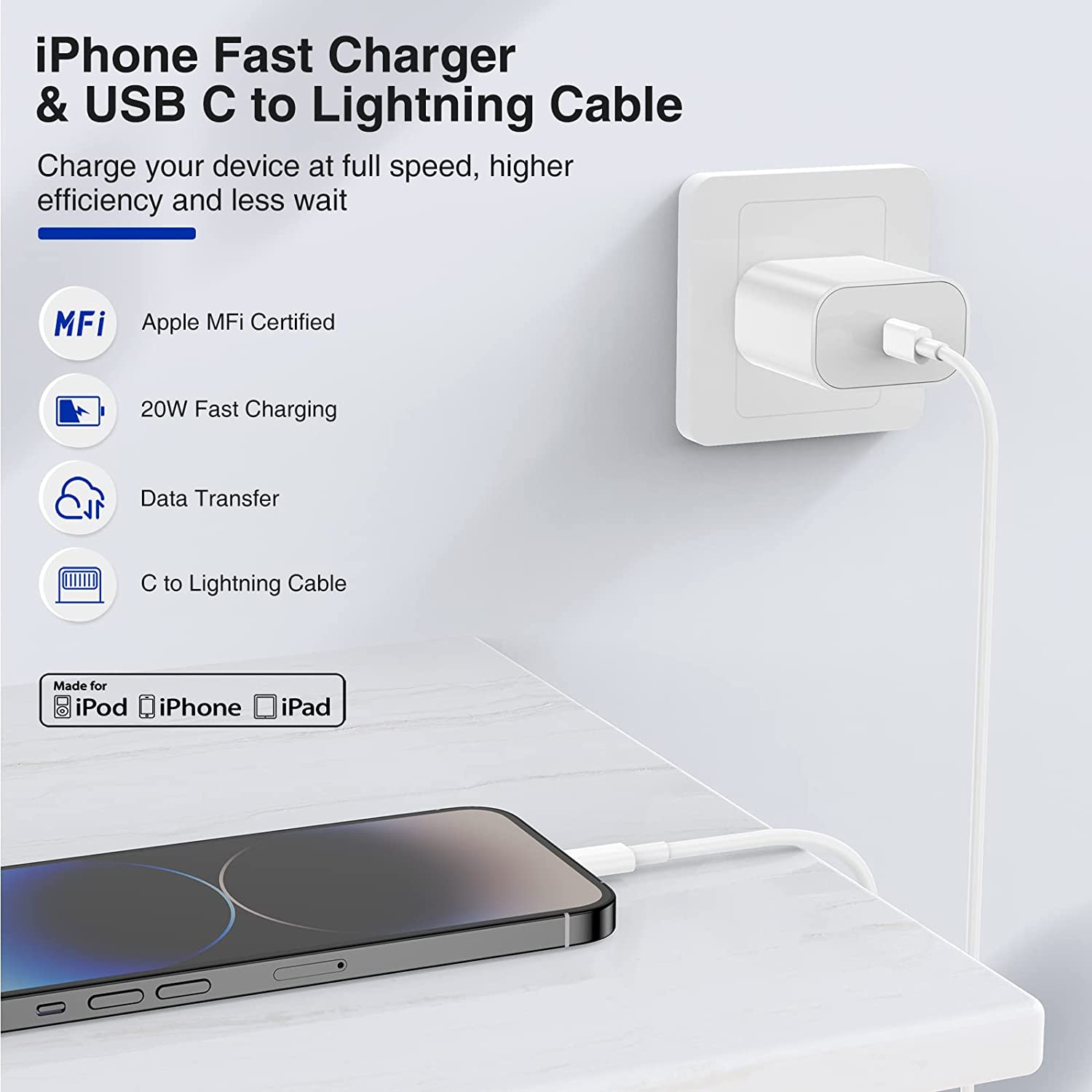 iPhone 14 13 12 快速充电器，[2 件装] Apple 14 13 充电器座，带 (2×6FT) USB C 至闪电数据线快速充电，适用于 Apple iPhone 14/13/12/11 Pro Max/XS/SE 的 USB C 型壁式充电器/iPad/AirPods