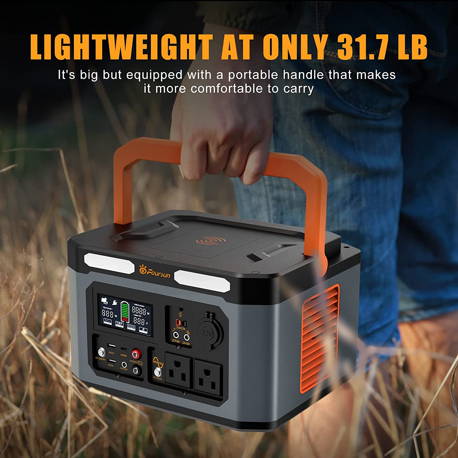 Foursun 1500W（3000W 峰值）便携式电站，1598.4Wh 带 2 x 1500W 交流插座，无线充电，PD 65W，太阳能发电机（不包括太阳能电池板）用于家庭备用、紧急情况、户外露营