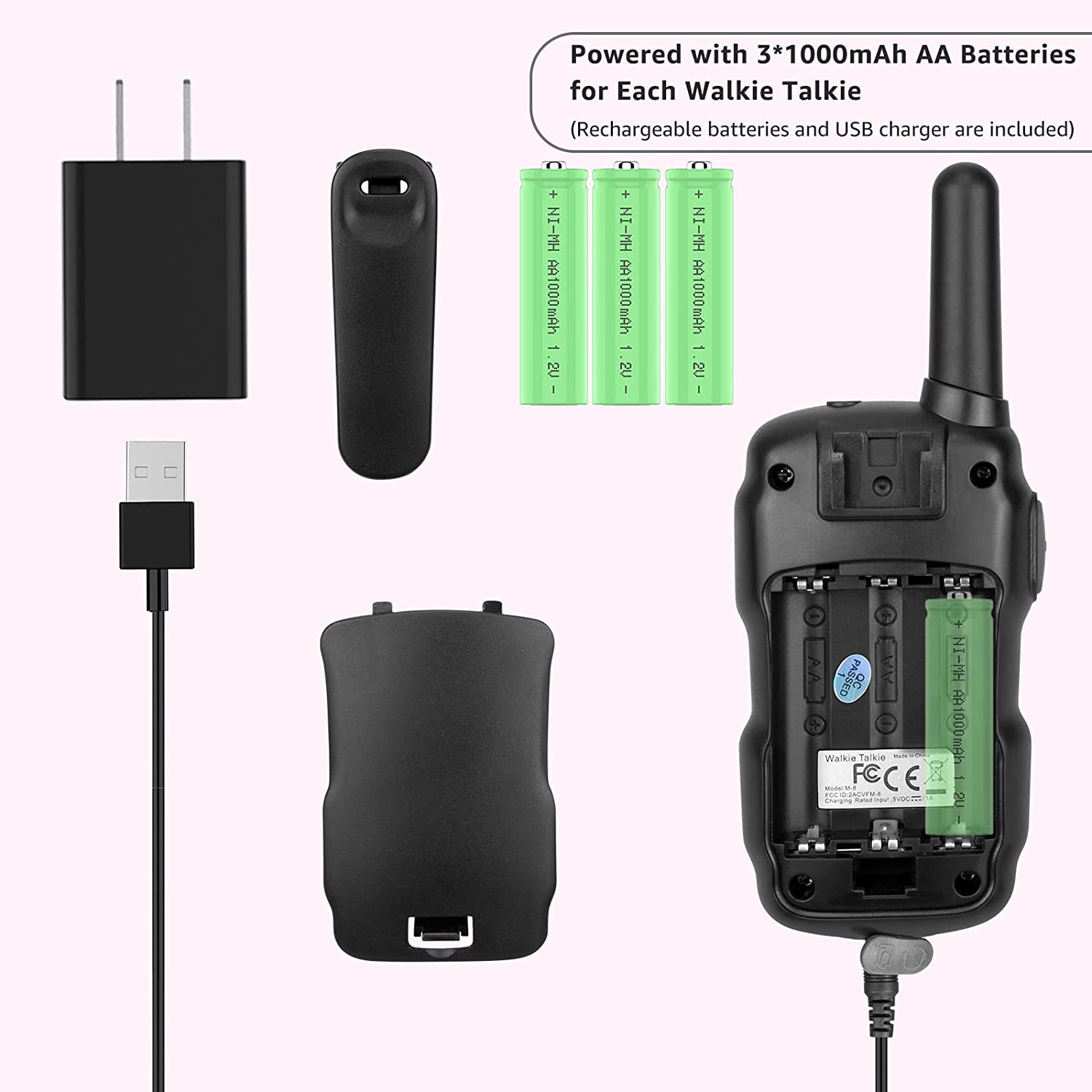 Wishouse 儿童对讲机可充电 USB 充电器 6000mAh 电池，带手电筒挂绳的户外露营游戏，女孩玩具，儿童万圣节圣诞节生日礼物 2 件装粉色紫色