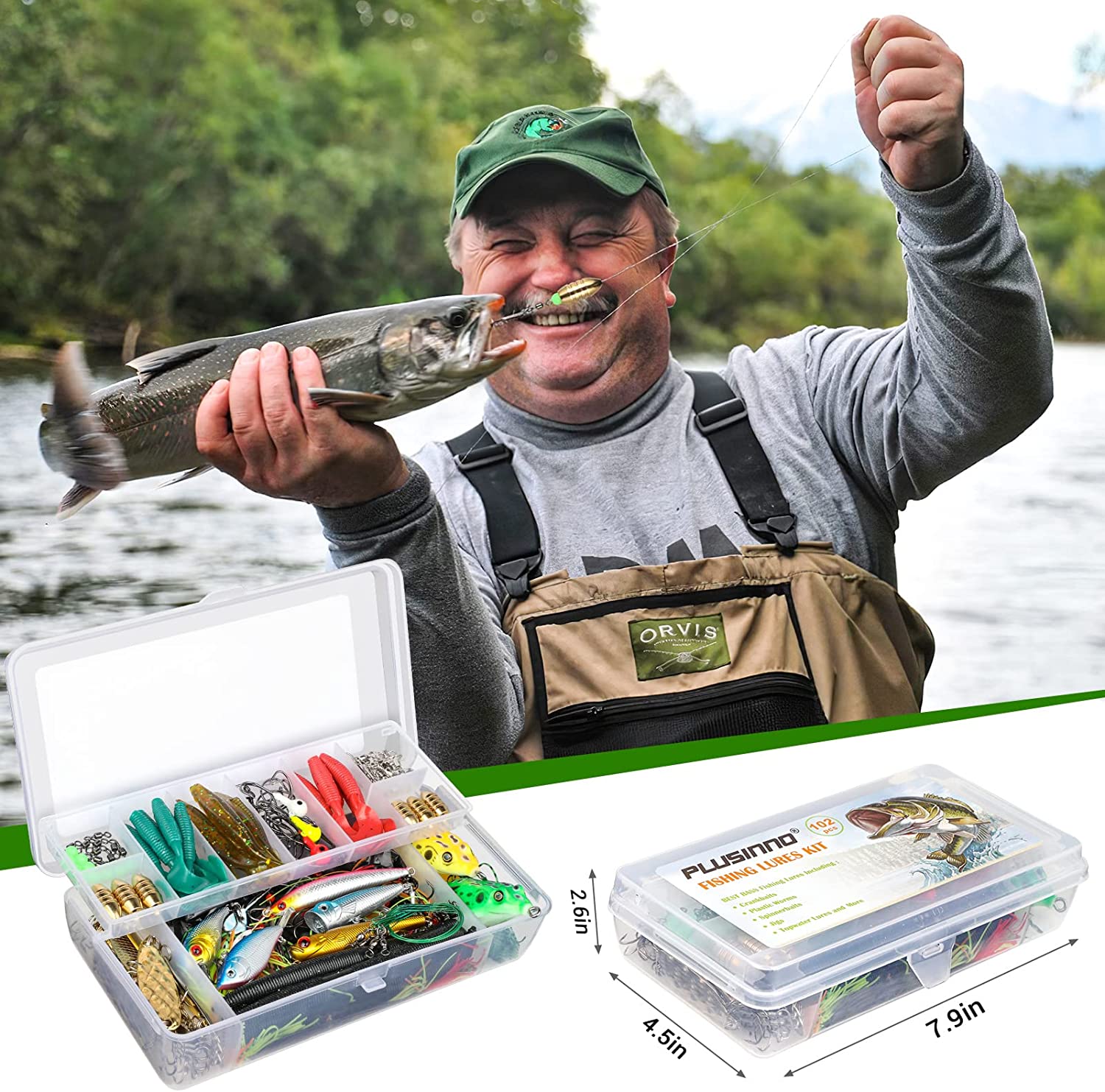 PLUSINNO 鱼饵鱼饵钓具，包括 Crankbaits、Spinnerbaits、塑料蠕虫、Jigs、Topwater Lures、Tackle Box 等渔具路亚套装，102/302 件鱼饵钓具