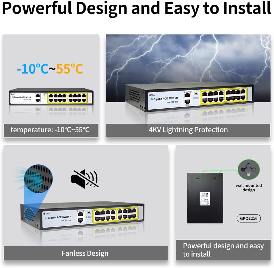 18 端口千兆以太网非管理型 PoE 交换机，16 个 POE+ 端口@200W，带 2 个上行千兆端口，金属外壳，19 英寸机架式，无风扇，Vlan，AI 检测，802.3af/at 兼容，即插即用