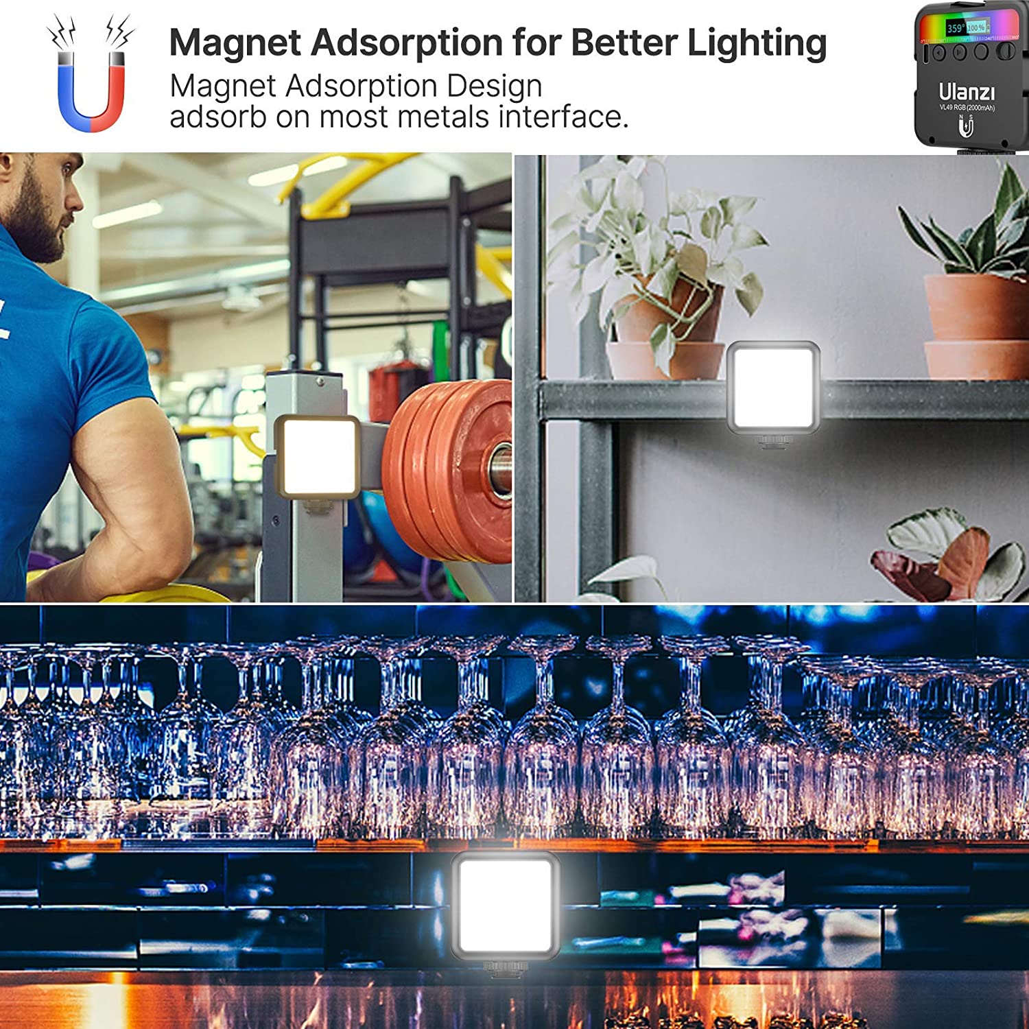 ULANZI VL49 RGB 摄像灯，LED 相机灯 360° 全彩便携式摄影灯带 3 个冷靴，2000mAh 可充电 CRI 95+ 2500-9000K 可调光面板灯支持磁吸