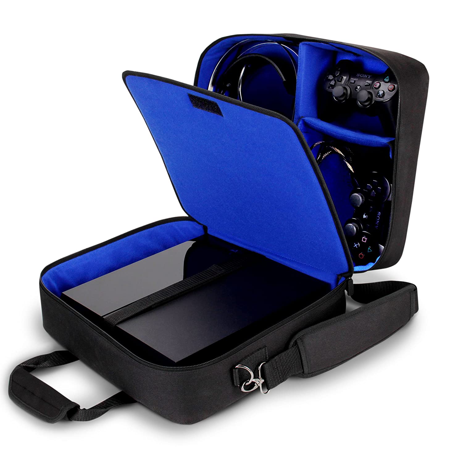 USA GEAR 控制台便携包 - PS4 保护套兼容 Playstation 4 Slim、PS4 Pro 和 PS3 - 可定制的内部商店 PS4 游戏、PS4 控制器、PS4 耳机和更多游戏配件（黑色）