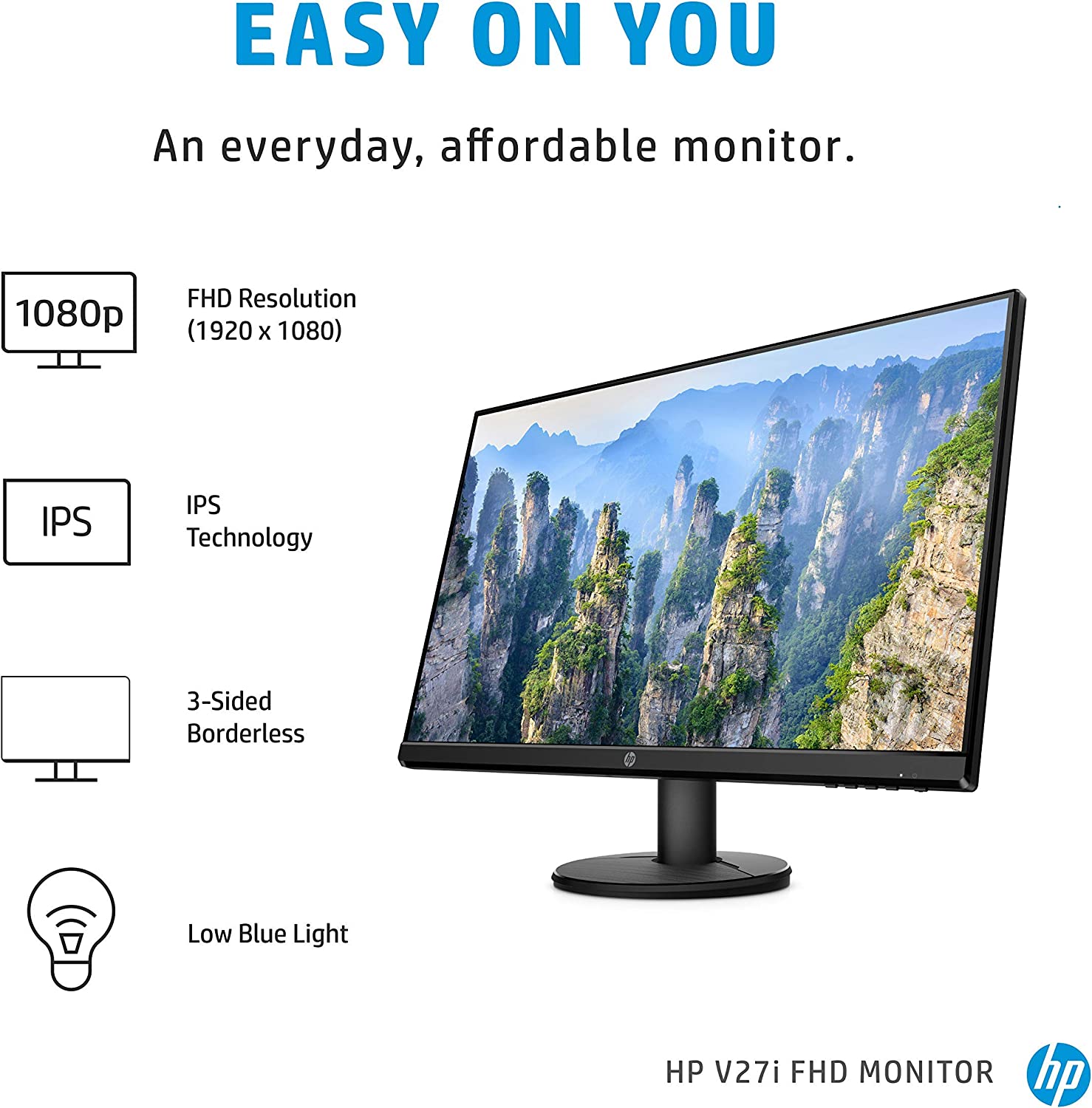 HP V27i FHD 显示器 | 27 英寸对角线全高清电脑显示器，带 IPS 面板和 3 面微边缘设计 |带 HDMI 和 VGA 端口的低蓝光屏幕 | (9SV92AA#ABA) 黑色
