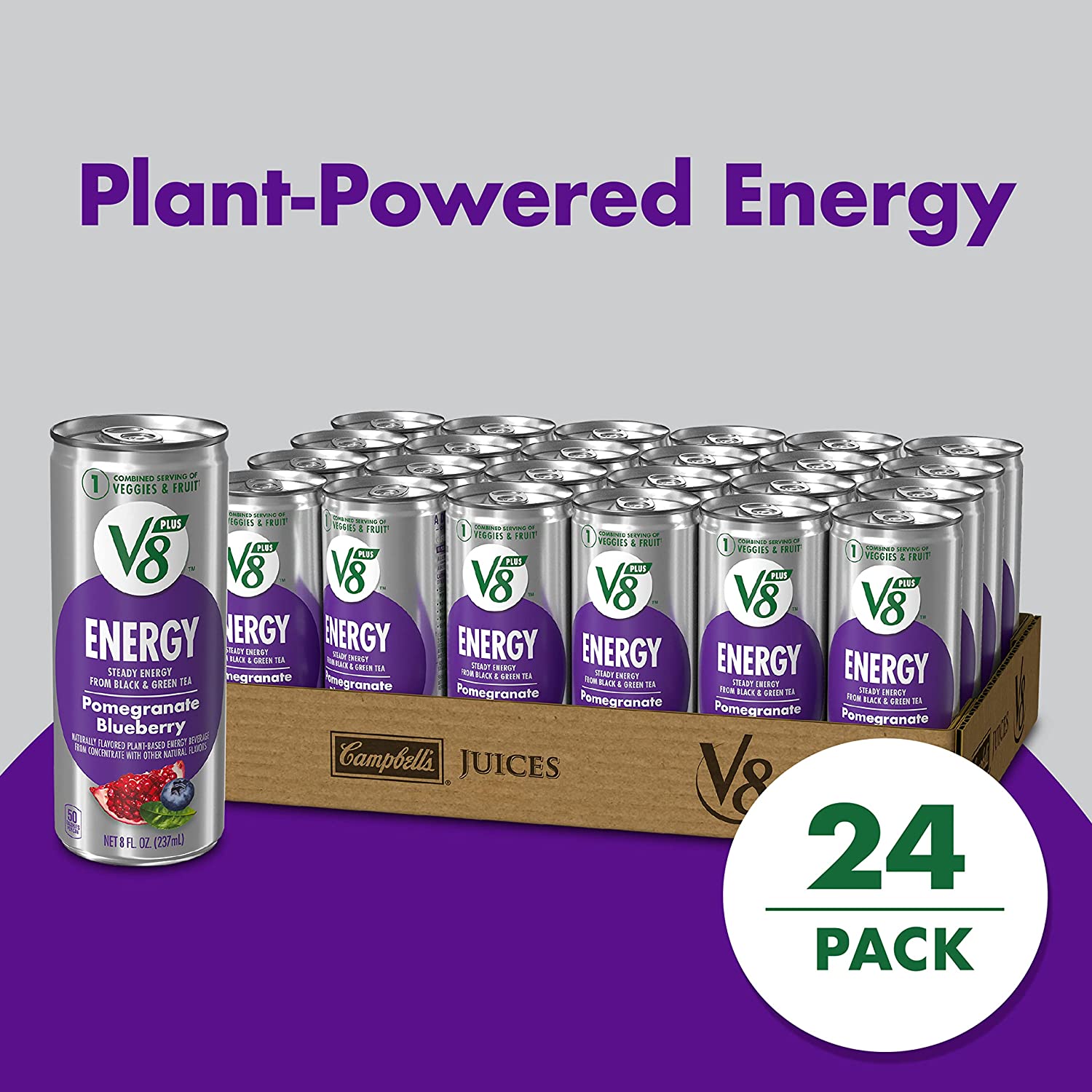 V8 +ENERGY 石榴蓝莓能量饮料，用真正的蔬菜和果汁制成，8 盎司罐装（24 件装）