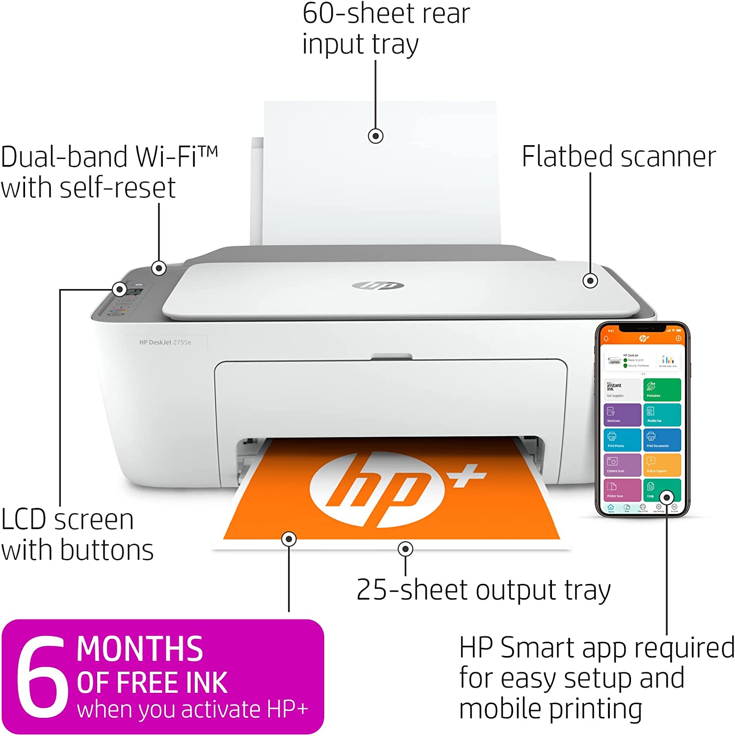 HP DeskJet 2755e 无线彩色一体机打印机，赠送 6 个月即时墨水 (26K67A)