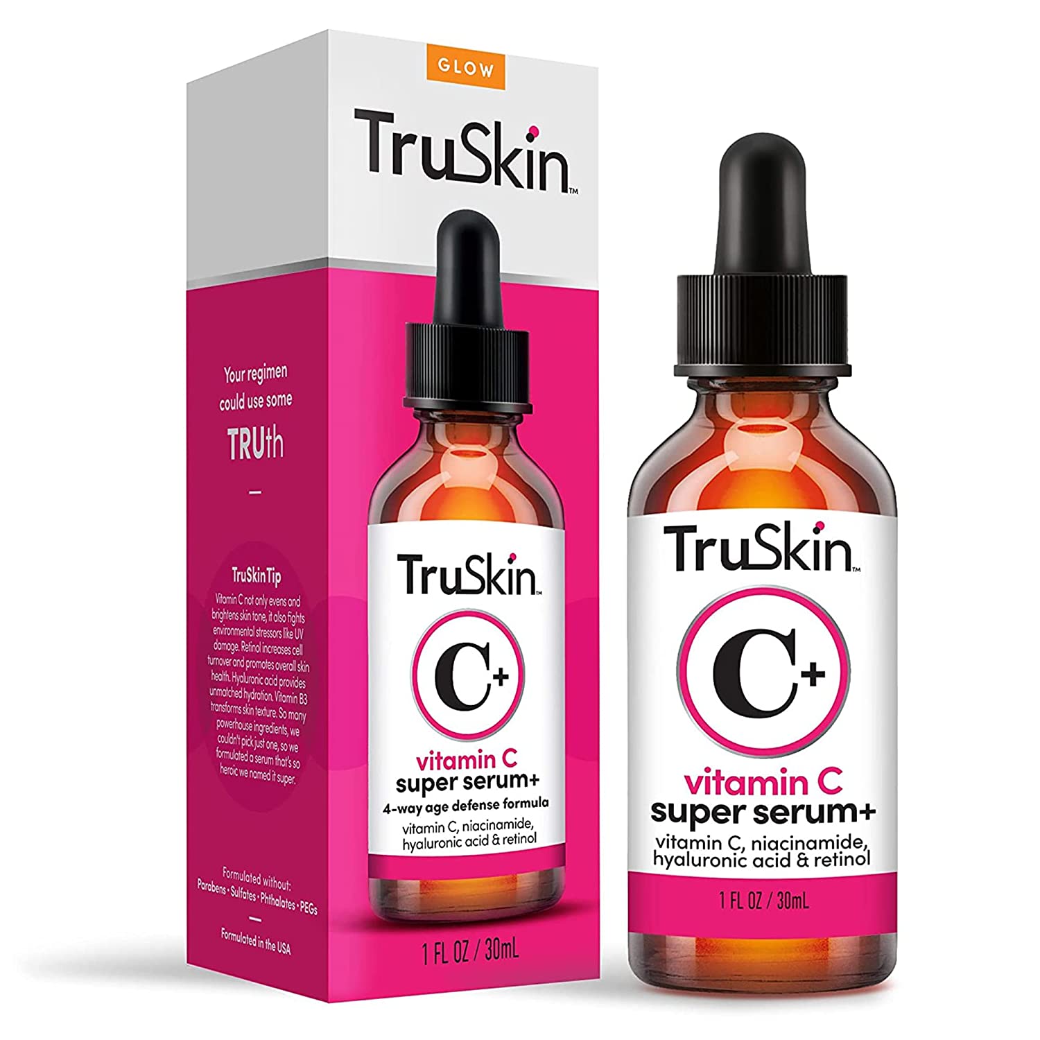 TruSkin 维生素 C-Plus 超级精华，抗衰老抗皱面部精华，含烟酰胺、视黄醇、透明质酸和水杨酸，1 盎司
