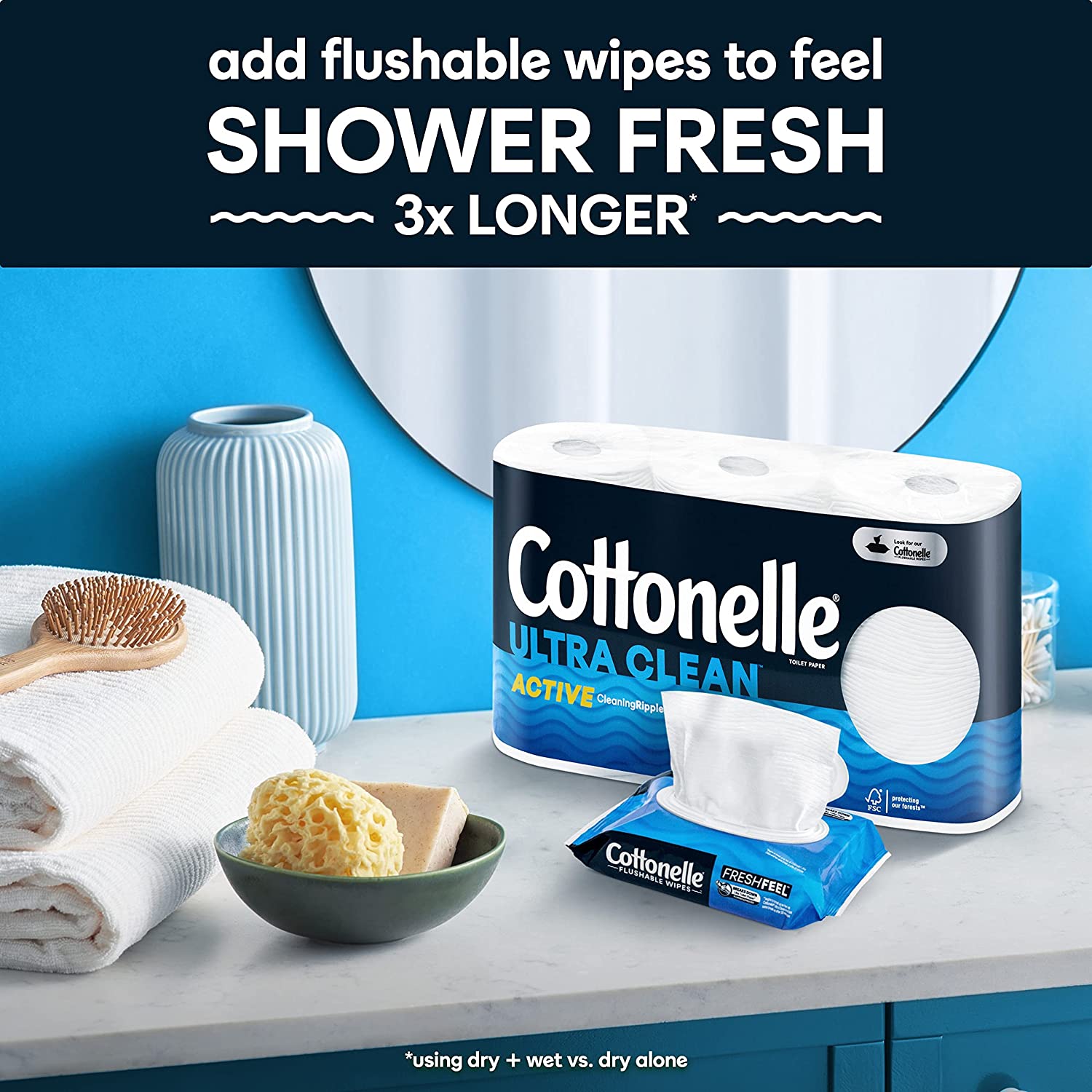 Cottonelle 超洁净卫生纸，具有活性清洁波纹质地，强力卫生纸，24 卷家庭大卷（24 卷家庭大卷 = 132 普通卷），每卷 388 张，包装可能有所不同