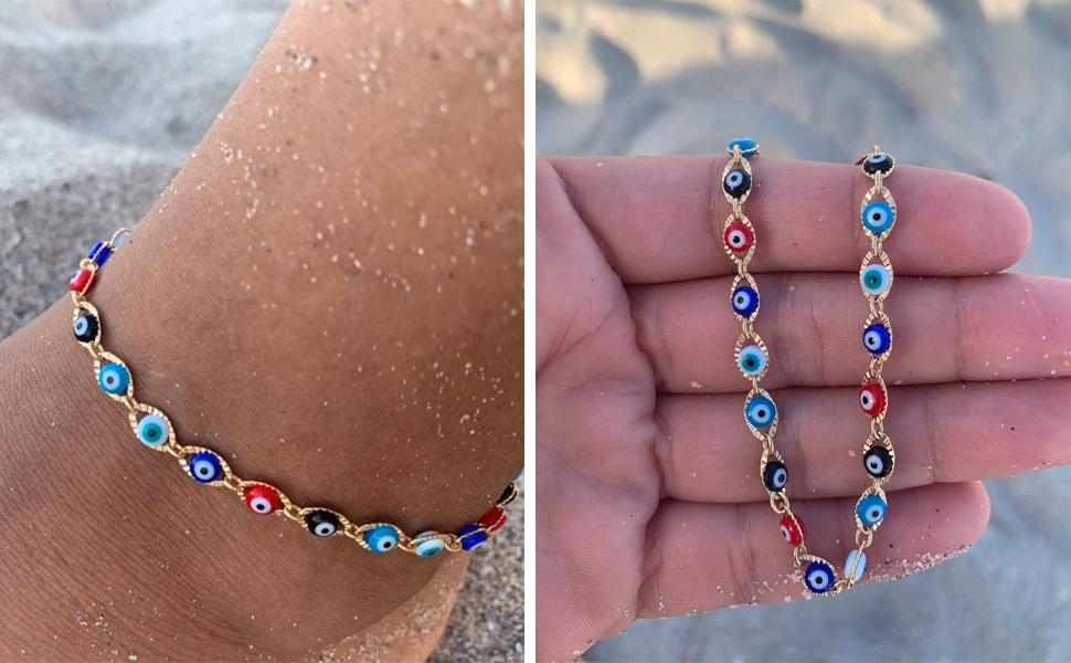 SLOONG 女童邪恶之眼脚链手链 14K 镀金沙滩足脚链手链夏季珠宝串珠脚链套装，可调节尺寸