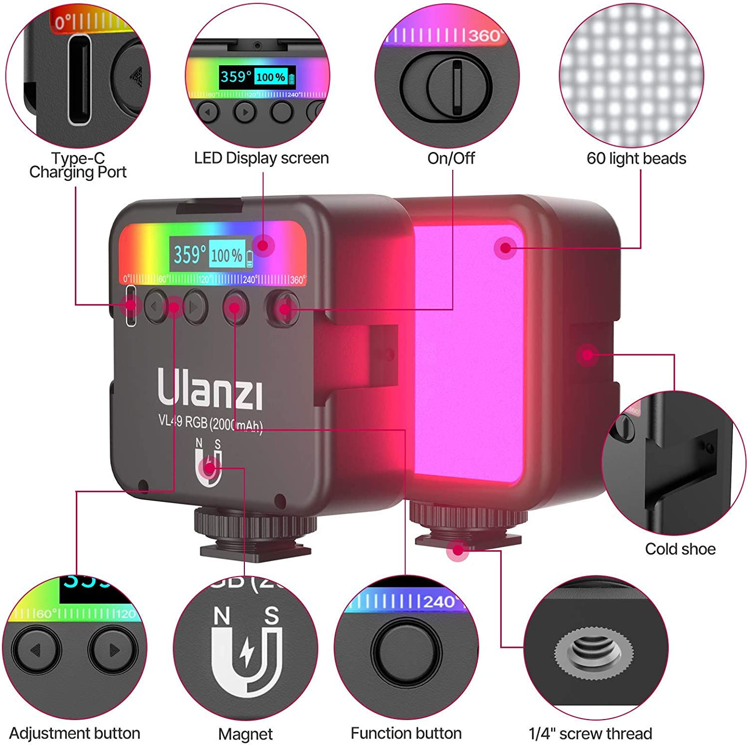 ULANZI VL49 RGB 摄像灯，LED 相机灯 360° 全彩便携式摄影灯带 3 个冷靴，2000mAh 可充电 CRI 95+ 2500-9000K 可调光面板灯支持磁吸