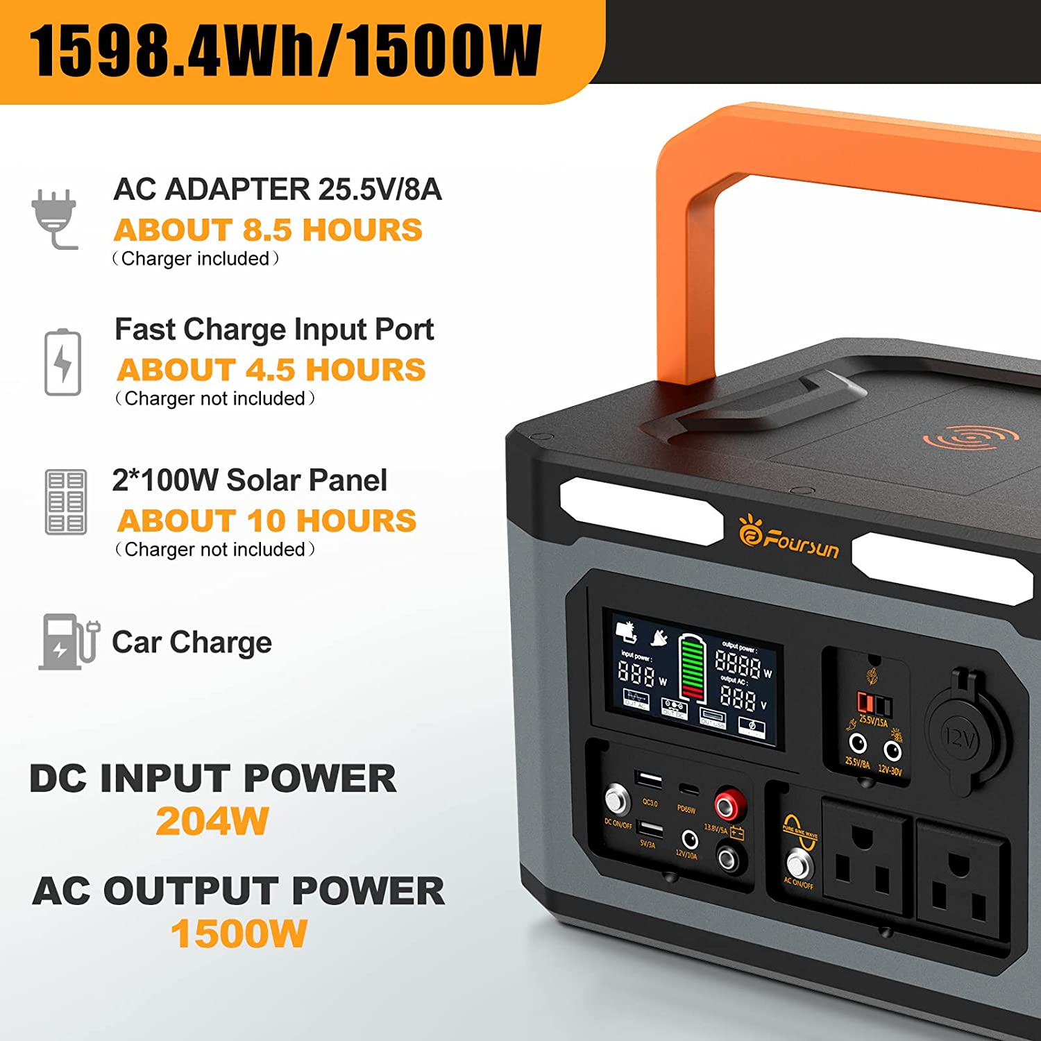 Foursun 1500W（3000W 峰值）便携式电站，1598.4Wh 带 2 x 1500W 交流插座，无线充电，PD 65W，太阳能发电机（不包括太阳能电池板）用于家庭备用、紧急情况、户外露营