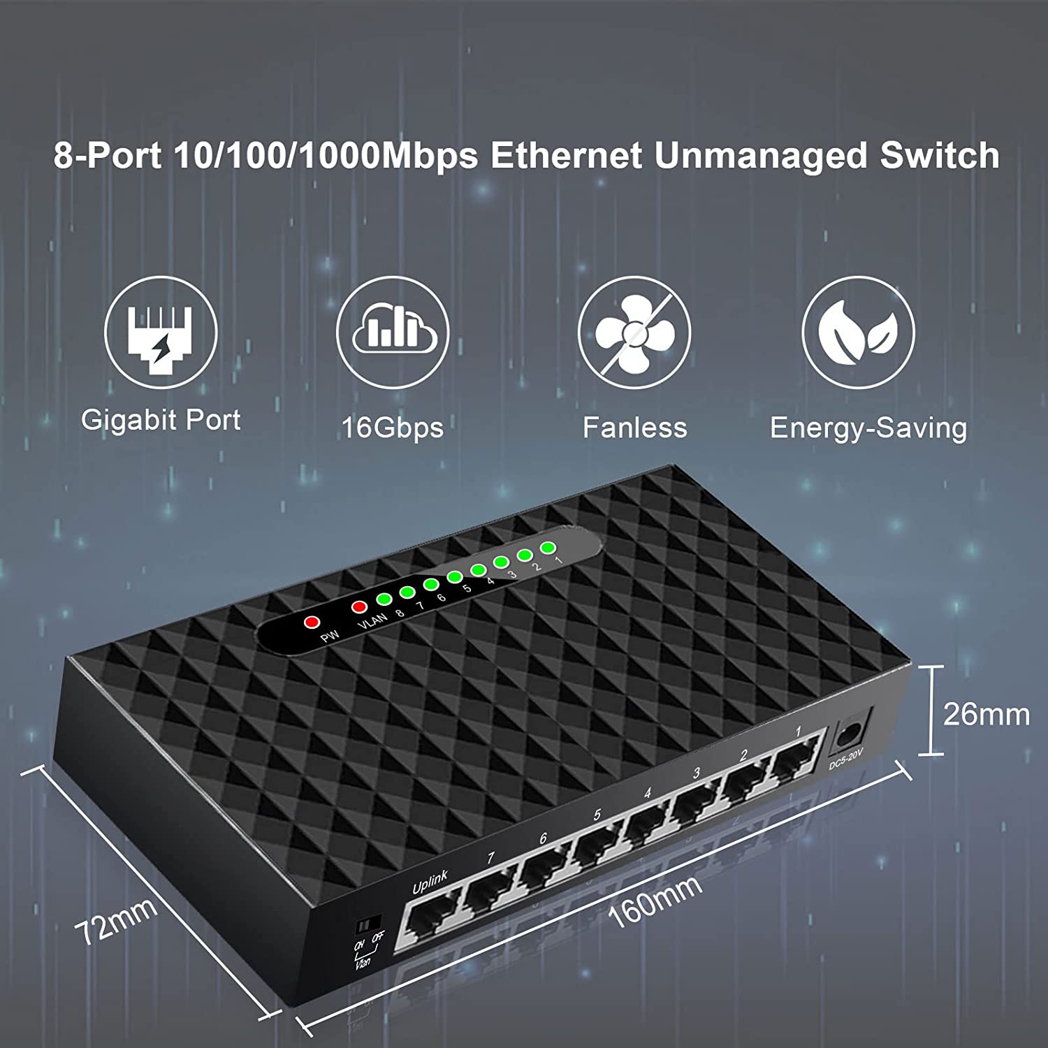 TEROW<link TXE099 8 端口千兆以太网网络交换机，10/100/1000Mbps 网络交换机集线器，桌面非托管以太网分离器，耐用塑料外壳，无风扇静音，即插即用