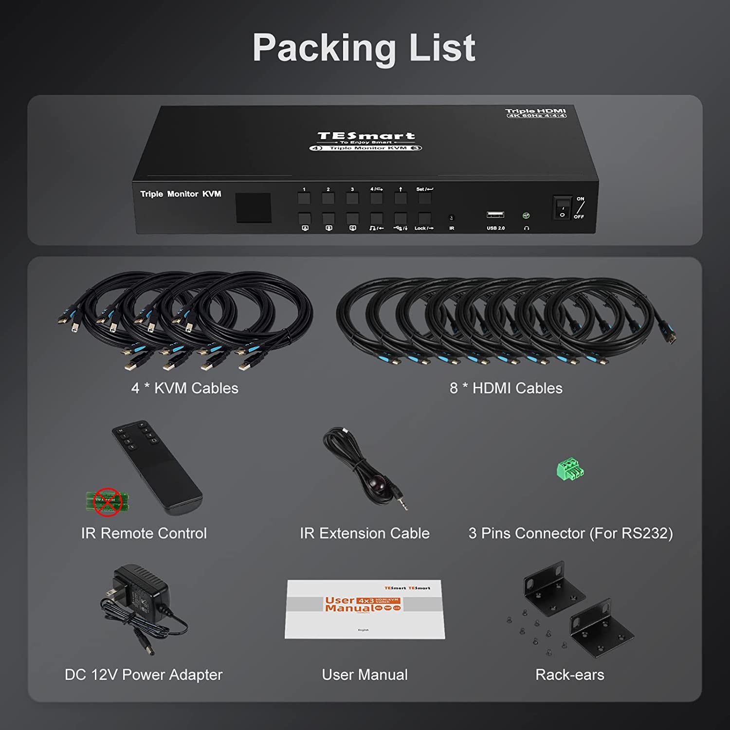 TESmart KVM 切换器 3 显示器 4 台计算机 4K@60Hz 4:4:4，支持 3 个 USB 外围设备，2 个音频输出，机械，多媒体键盘，RS232，三显示器 HDMI KVM 切换器 4 端口盒，带 KVM 电缆