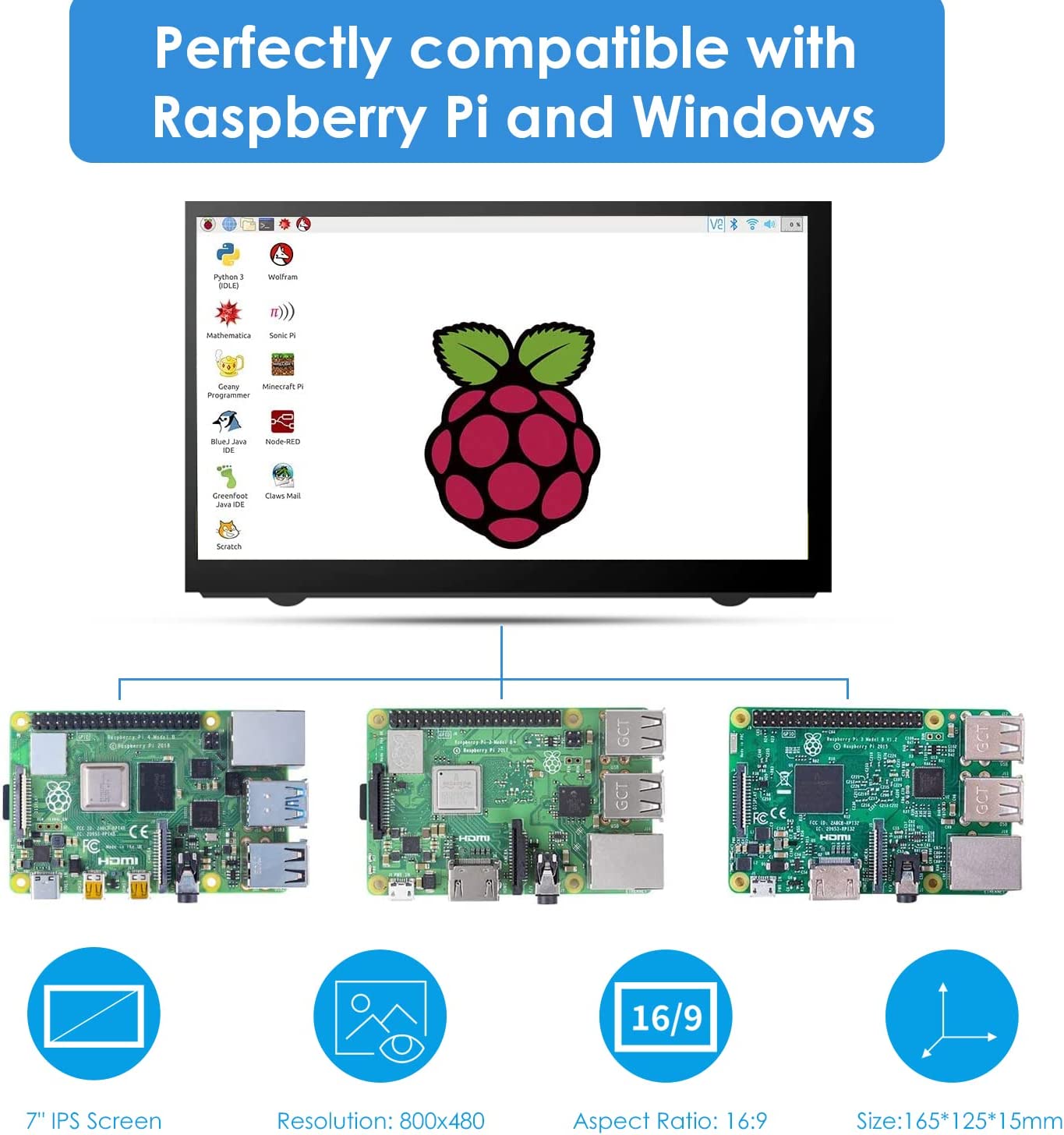 HMTECH 7 英寸 Raspberry Pi 屏幕 800x480 HDMI 便携式显示器 IPS LCD 屏幕显示器适用于 Raspberry Pi 4/3/2/Zero/B/B+ Win11/10/8/7（非触摸）