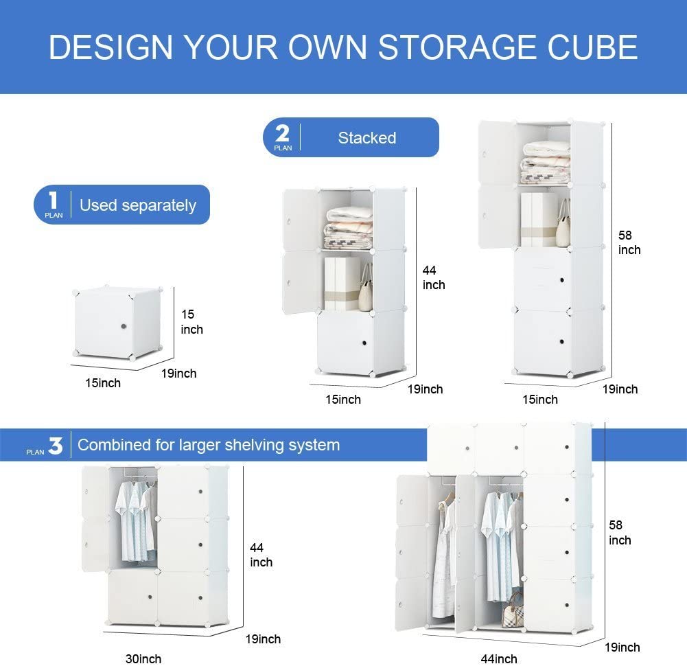Aeitc 便携式衣柜壁橱 14"x18" Depth Cube Storage，卧室衣橱，带门储物收纳盒，12 个立方体，白色