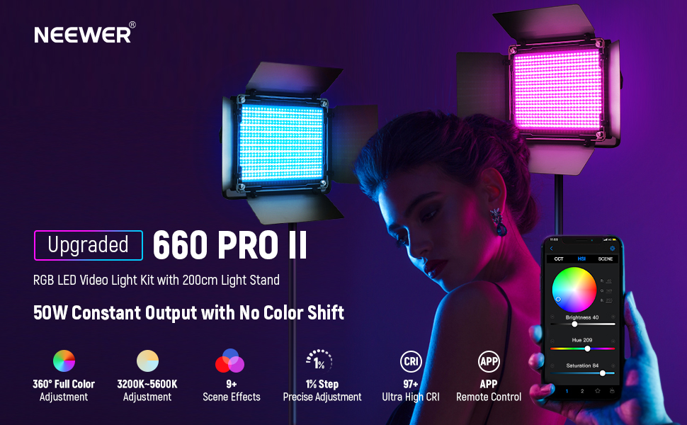 NEEWER 升级版 660 PRO II RGB LED 视频灯带 App 控制和支架套件，2 件装恒定 50W 无色移/1% 精确最小调光/360° RGB/CRI97+/3200K~5600K 用于游戏流 YouTube 摄影