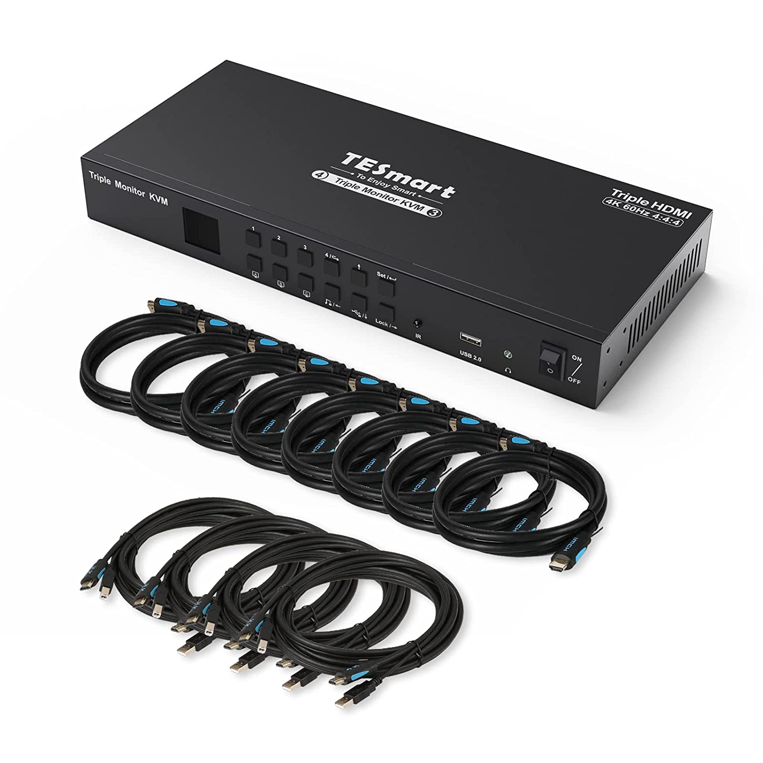 TESmart KVM 切换器 3 显示器 4 台计算机 4K@60Hz 4:4:4，支持 3 个 USB 外围设备，2 个音频输出，机械，多媒体键盘，RS232，三显示器 HDMI KVM 切换器 4 端口盒，带 KVM 电缆