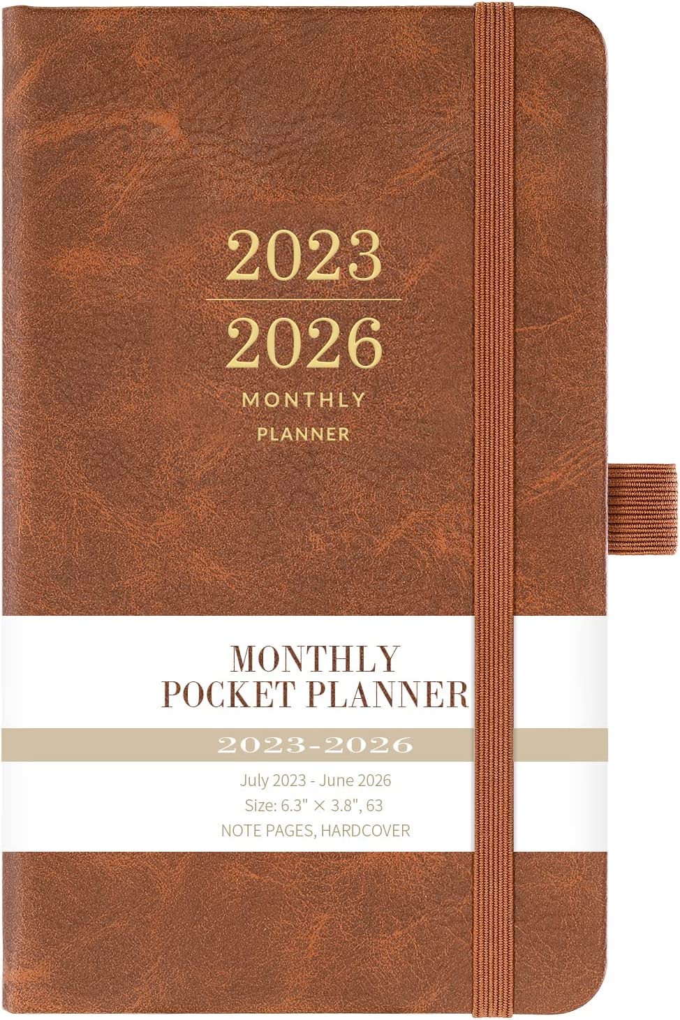 2023-2026 月度袖珍计划本/日历 - 3 年袖珍月历，2023 年 7 月 - 2026 年 6 月，6.3" × 3.8"，带笔架的 36 个月计划本，弹性封口，2 个书签，内袋，厚纸，棕色