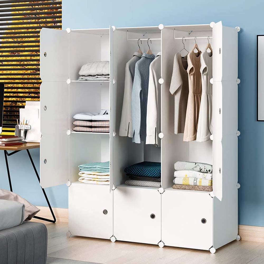 Aeitc 便携式衣柜壁橱 14"x18" Depth Cube Storage，卧室衣橱，带门储物收纳盒，12 个立方体，白色