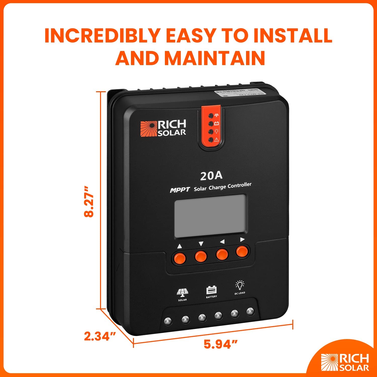 RICH SOLAR 20 Amp 12V/24V DC 输入 MPPT 太阳能充电控制器带 LCD 显示屏太阳能电池板稳压器适用于凝胶密封富液式和锂电池负极接地