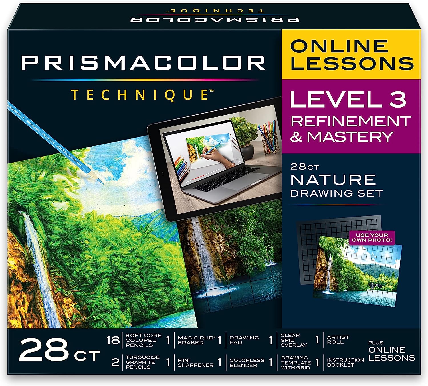 Prismacolor 技术、美术用品和数字艺术课程、自然绘画套装，第 3 级，学习用彩色铅笔绘画等，包括艺术家卷盒、瀑布风景画，28 张