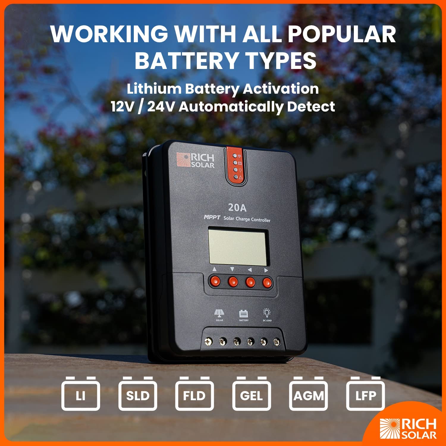 RICH SOLAR 20 Amp 12V/24V DC 输入 MPPT 太阳能充电控制器带 LCD 显示屏太阳能电池板稳压器适用于凝胶密封富液式和锂电池负极接地