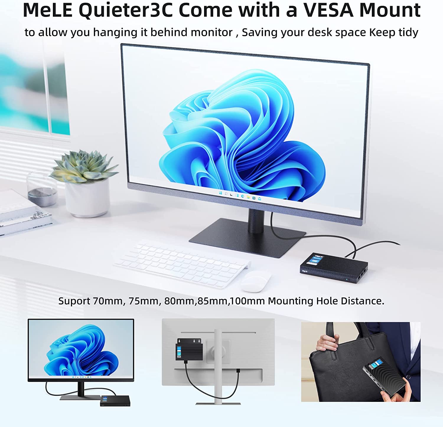 Mini PC 无风扇 Quieter2Q Windows 11 Pro Celeron J4125 8GB/512GB 小型台式电脑 Micro PC 支持 M.2 SSD 最高 4TB 双 HDMI 4K 2.4G/5G Wi-Fi 千兆以太网 BT4.2 Win 10,PXE,Plex VESA 安装