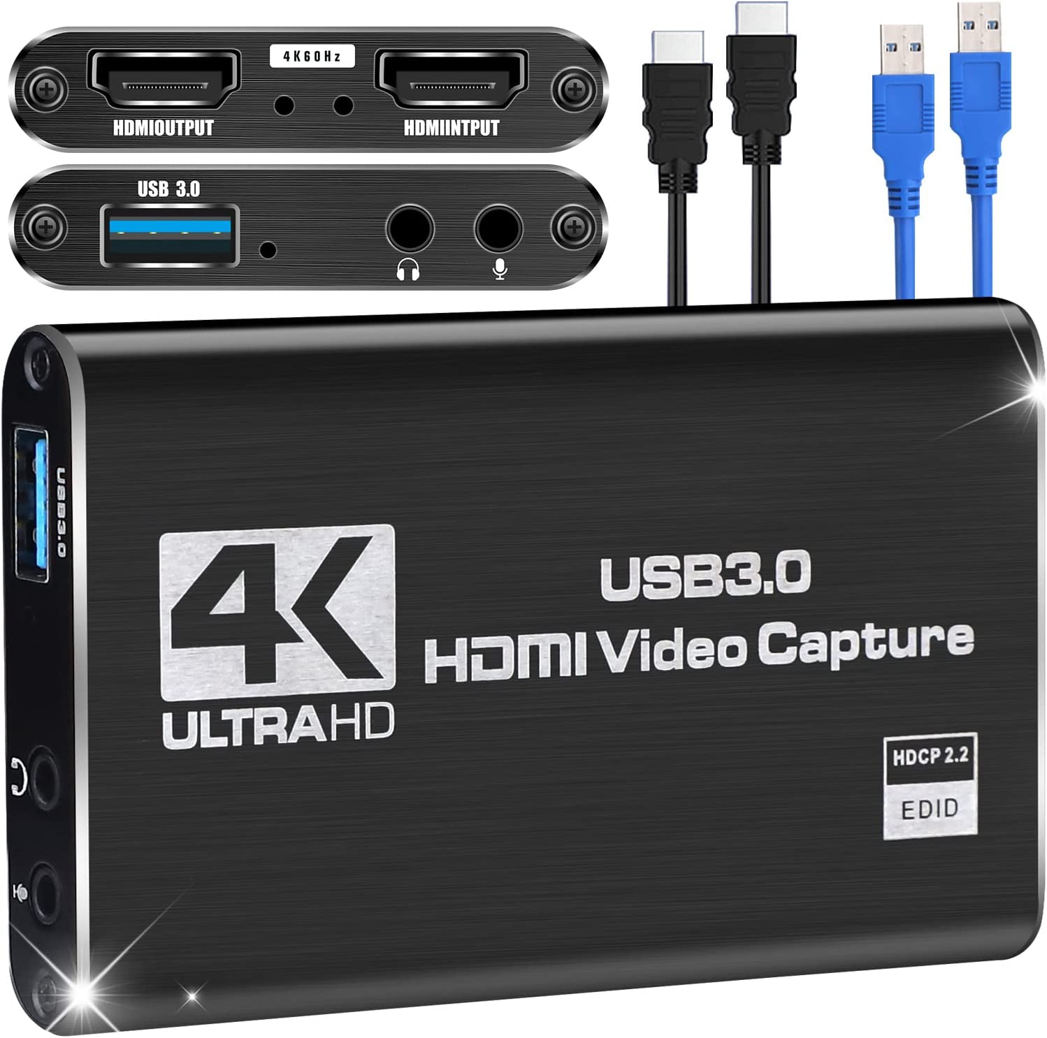 捕捉卡 Nintendo Switch、视频捕捉卡、游戏捕捉卡 4K 1080P 60FPS、HDMI 转 USB 3.0 捕捉卡，适用于 PS4/PC/OBS/相机的流媒体工作