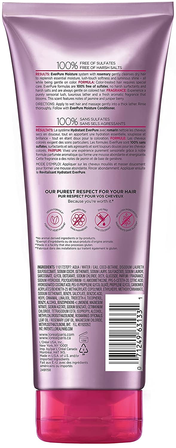 L'Oreal Paris EverPure 无硫酸盐保湿洗发水，适用于染色头发，迷迭香，11 Fl；盎司