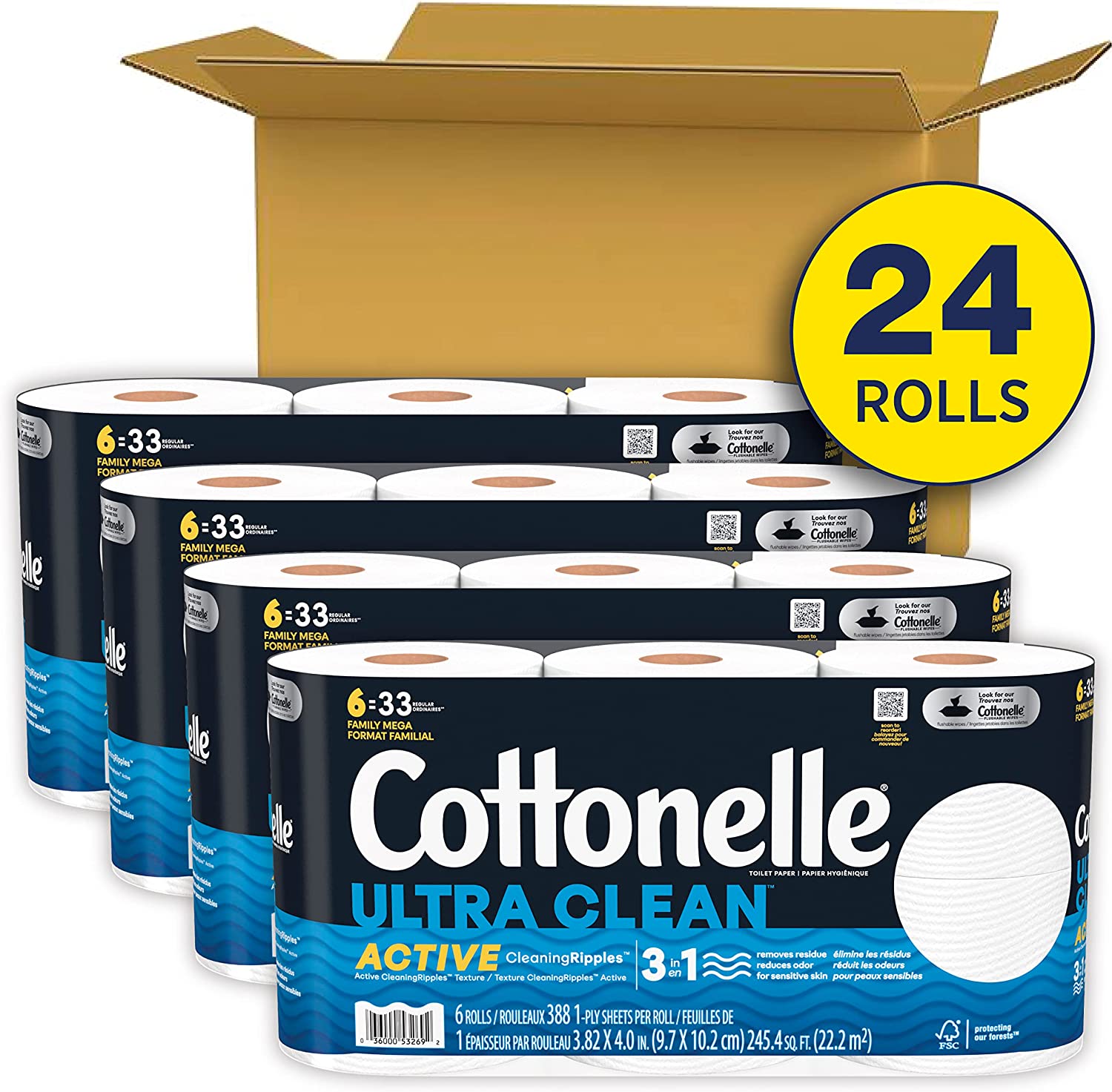 Cottonelle 超洁净卫生纸，具有活性清洁波纹质地，强力卫生纸，24 卷家庭大卷（24 卷家庭大卷 = 132 普通卷），每卷 388 张，包装可能有所不同