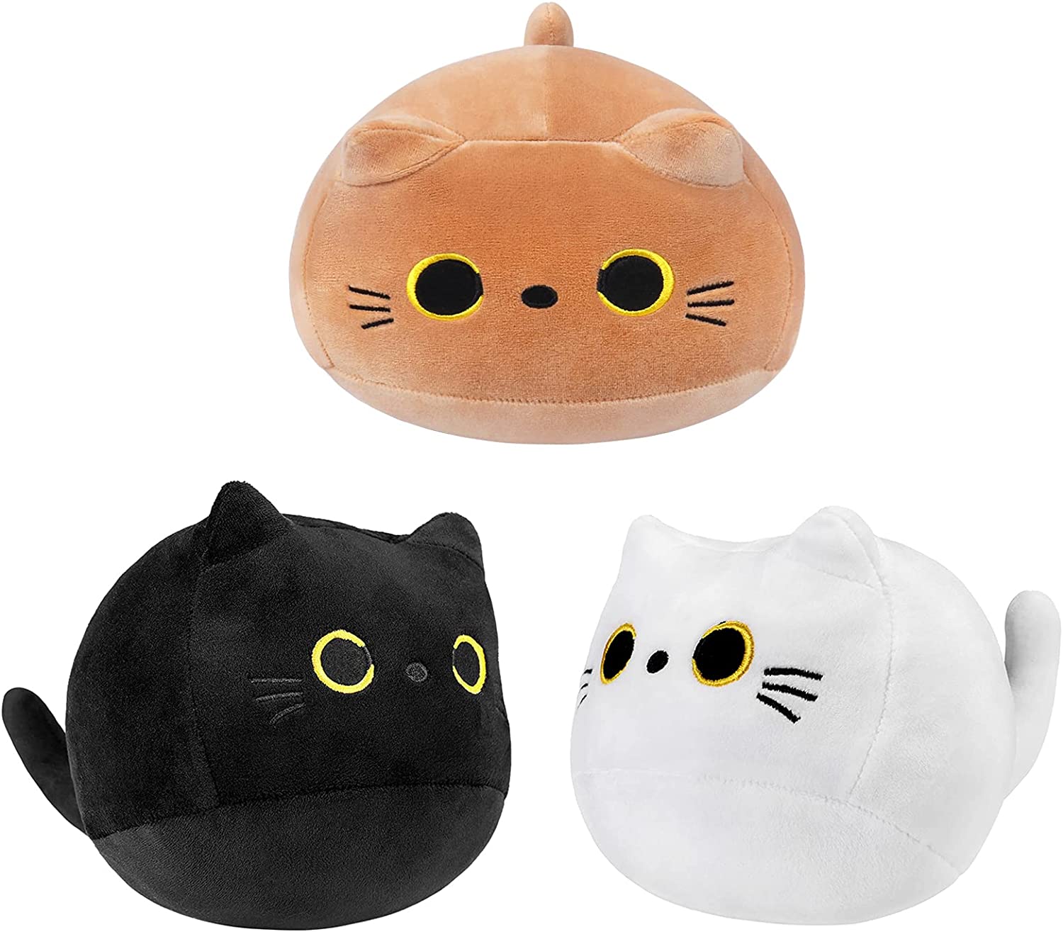 可爱的黑白和棕色组合猫毛绒玩具 - 柔软有弹性的儿童猫填充动物玩具，舒适的毛绒猫枕头玩偶，用于缓解压力、睡觉和装饰 3 件套