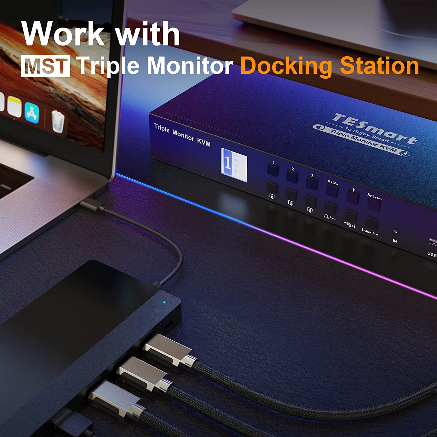 TESmart KVM 切换器 3 显示器 4 台计算机 4K@60Hz 4:4:4，支持 3 个 USB 外围设备，2 个音频输出，机械，多媒体键盘，RS232，三显示器 HDMI KVM 切换器 4 端口盒，带 KVM 电缆