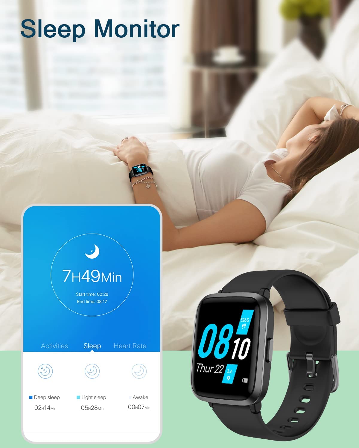 智能手表兼容 iPhone Android 手机 2022，1.7 英寸男女手表 IP68 防水健身追踪器带血氧/心率监测器睡眠步数追踪器 DIY 表盘黑色
