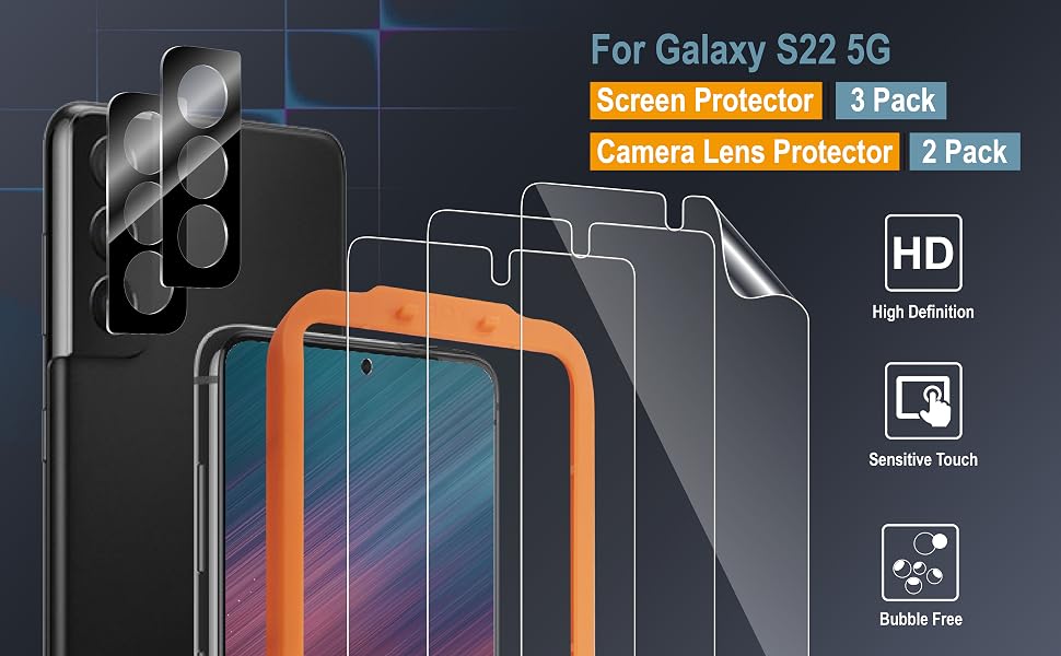 AACL [3+2 包] 适用于三星 Galaxy S22 屏幕保护膜和相机镜头保护膜 三星 Galaxy S22 5G，6.1 英寸，7H 混合膜[指纹解锁][防刮]
