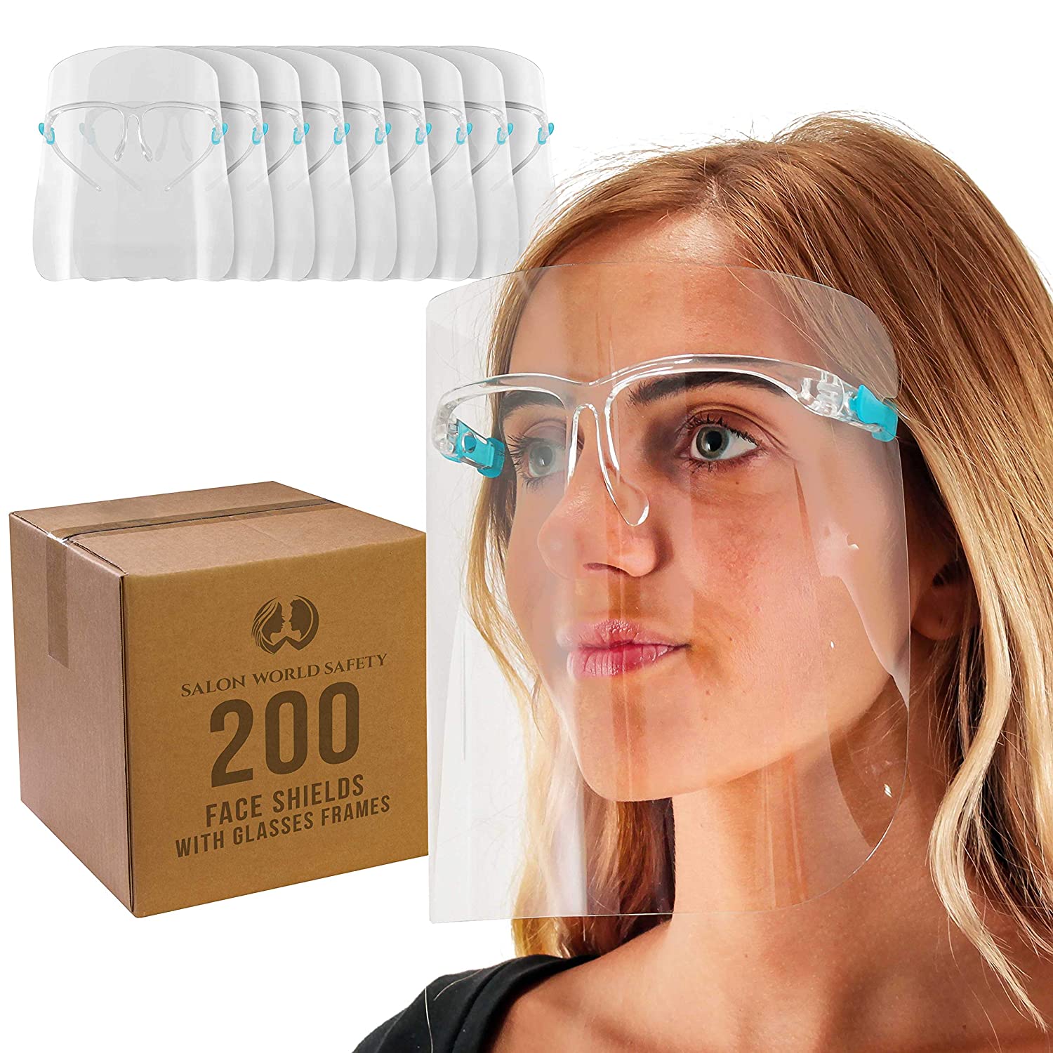 TCP Global Salon World Safety Face Shields with Glasses Frames（4 件装）- 超透明防护全面罩，保护眼睛、鼻子、嘴巴 - 防雾 PET 塑料卫生液滴防溅罩