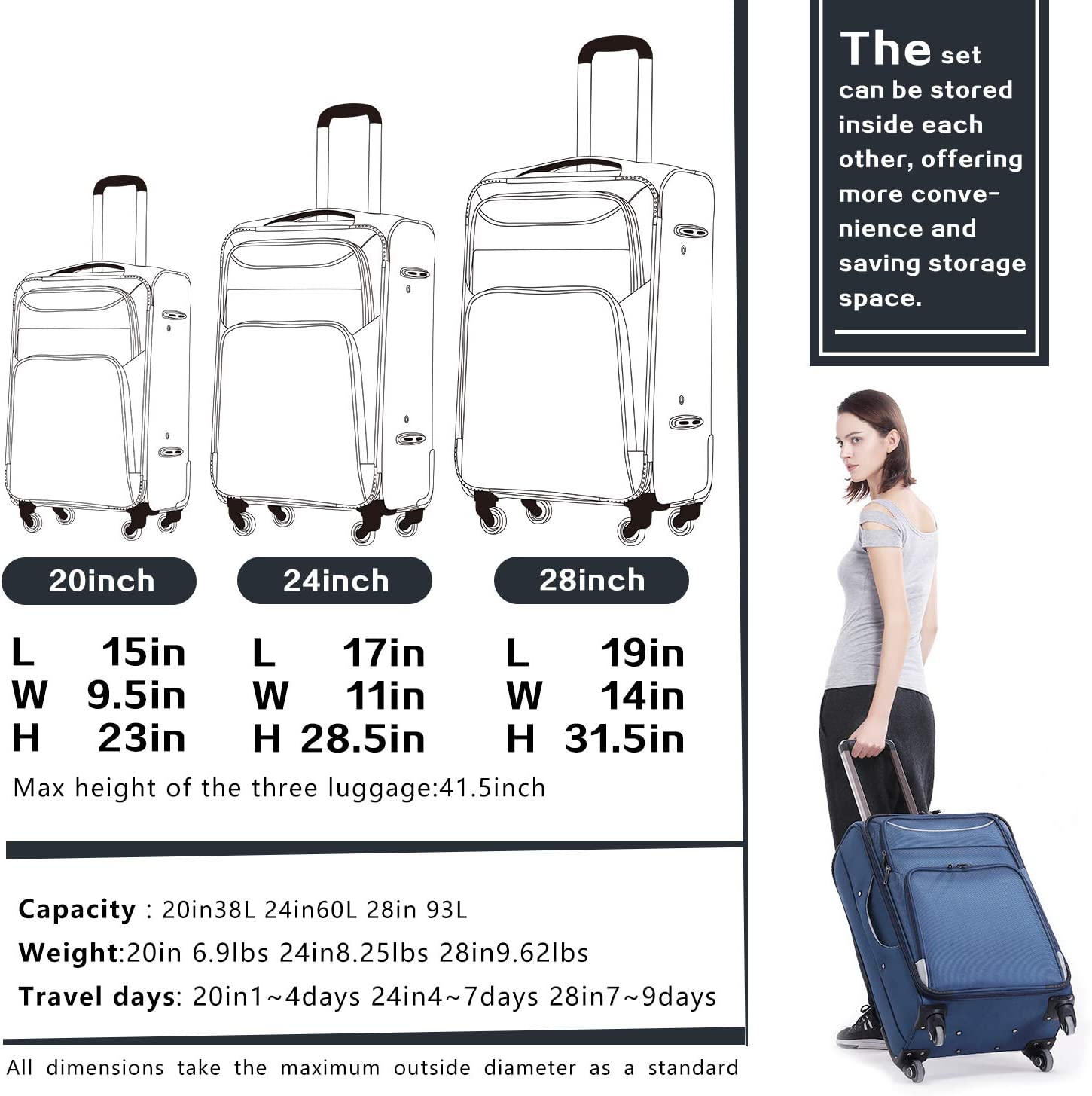 Coolife Luggage 3 件套 Suitcase Spinner Softshell 轻量级（蓝+银）
