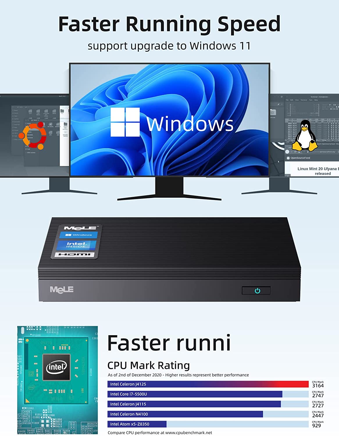 Mini PC 无风扇 Quieter2Q Windows 11 Pro Celeron J4125 8GB/512GB 小型台式电脑 Micro PC 支持 M.2 SSD 最高 4TB 双 HDMI 4K 2.4G/5G Wi-Fi 千兆以太网 BT4.2 Win 10,PXE,Plex VESA 安装