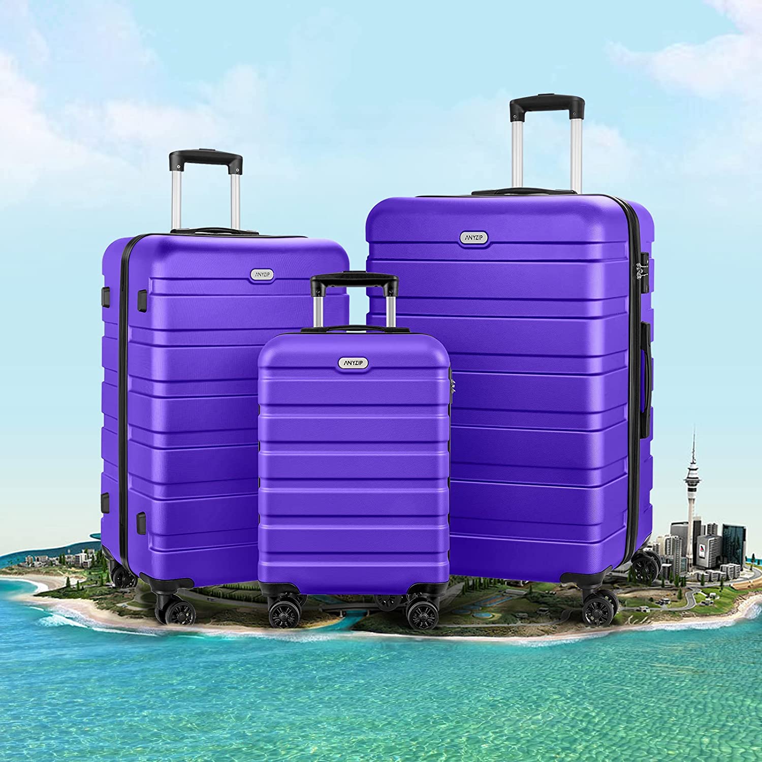 AnyZip 行李箱 3 件套 PC ABS 硬质轻便手提箱带 4 个万向轮 TSA 锁随身携带 20 24 28 英寸浅蓝色